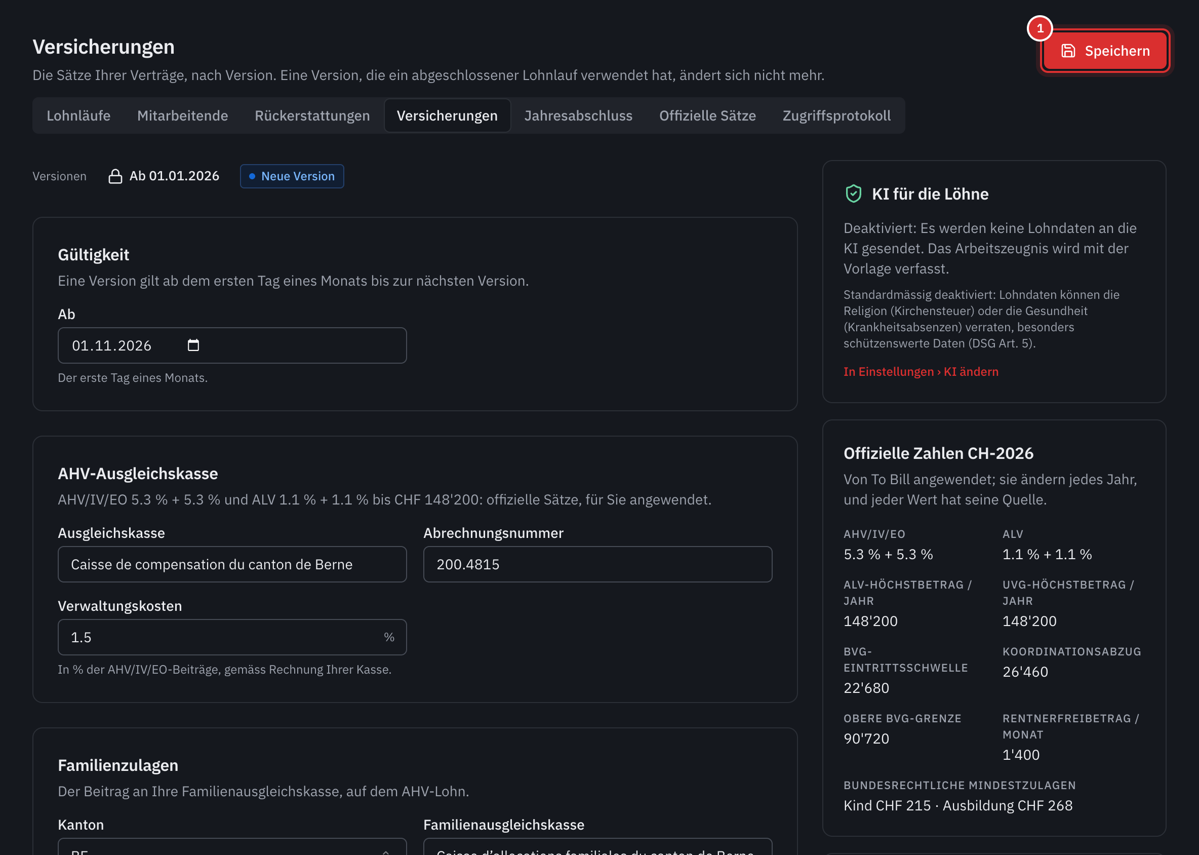 Eine neue Version der Versicherungen: das Gültigkeitsdatum, die AHV-Ausgleichskasse und rechts die offiziellen Zahlen des Jahres.
