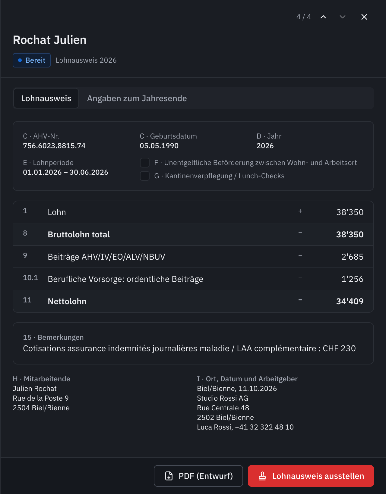 Der Lohnausweis einer im Juni ausgetretenen Person: die Lohnperiode, die Ziffern 1 bis 11, die Bemerkungen und die Schaltfläche Lohnausweis ausstellen.