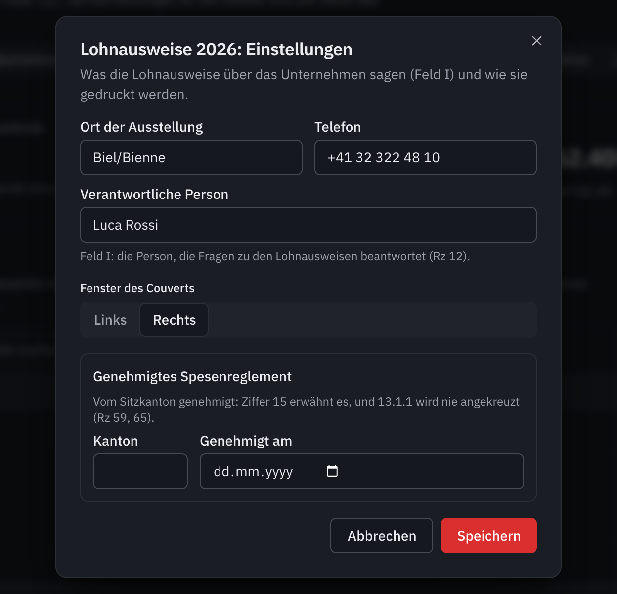 Das Fenster Lohnausweise 2026: Einstellungen: Ort der Ausstellung, Telefon, verantwortliche Person, Fenster des Couverts und genehmigtes Spesenreglement.
