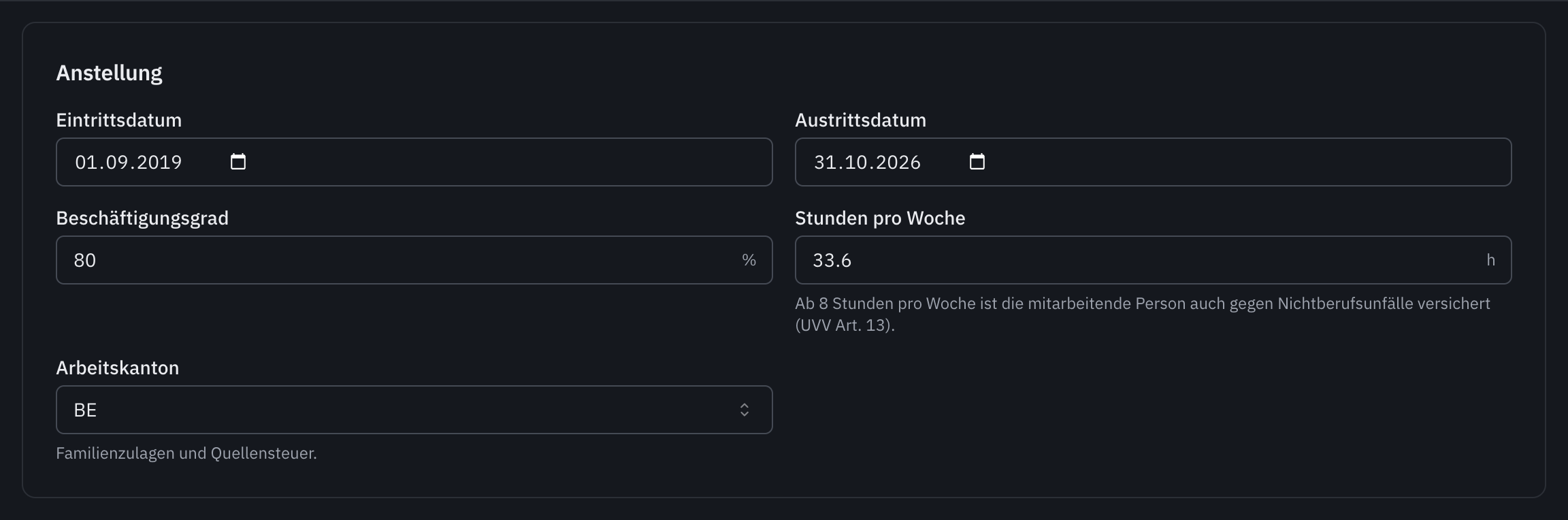 Der Bereich Anstellung: Eintrittsdatum, Austrittsdatum, Beschäftigungsgrad, Stunden pro Woche und Arbeitskanton.