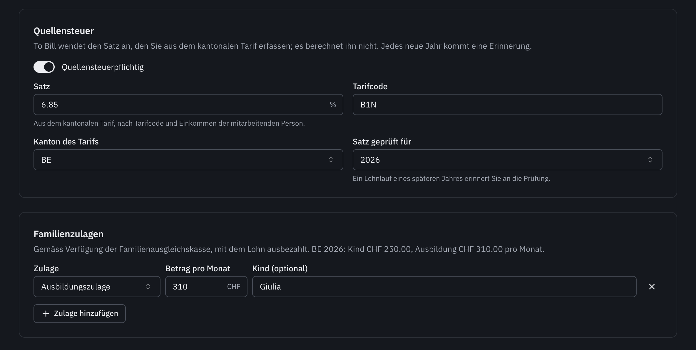 Die Bereiche Quellensteuer und Familienzulagen einer quellensteuerpflichtigen Person, mit einer Ausbildungszulage.