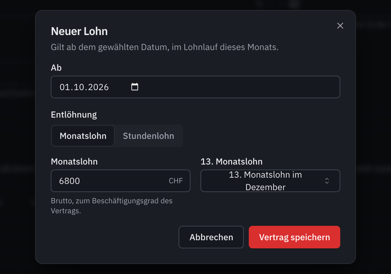 Das Fenster Neuer Lohn: das Gültigkeitsdatum, der Monatslohn und der 13. Monatslohn.