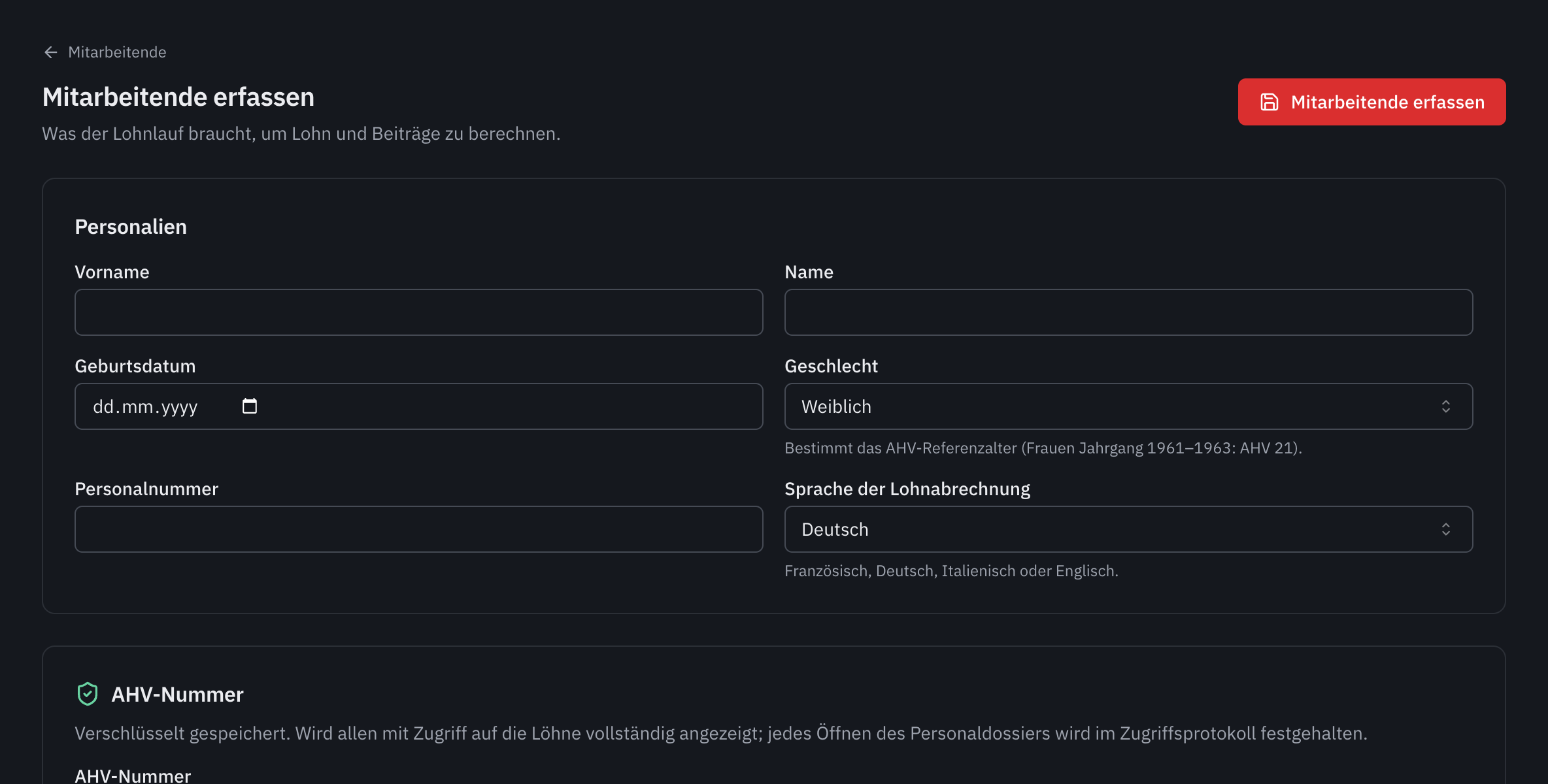 Das Formular Neue Person: die Bereiche Personalien und AHV-Nummer.