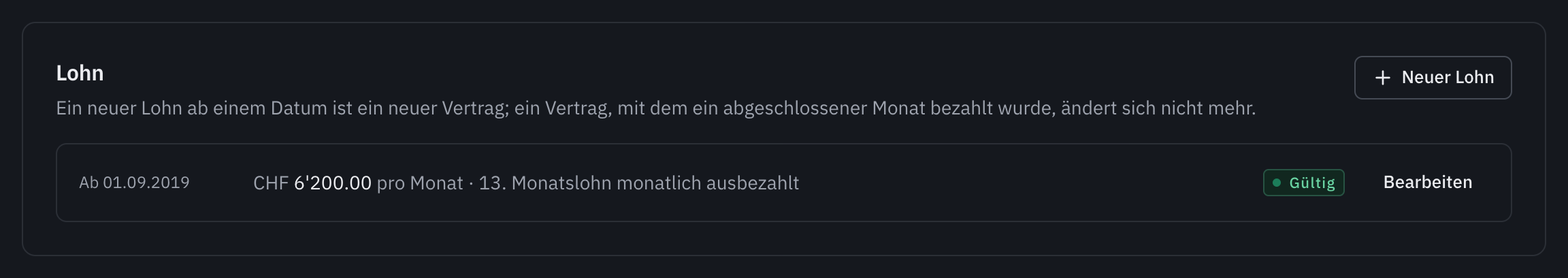 Der Bereich Lohn einer Person: der gültige Vertrag und die Schaltfläche Neuer Lohn.