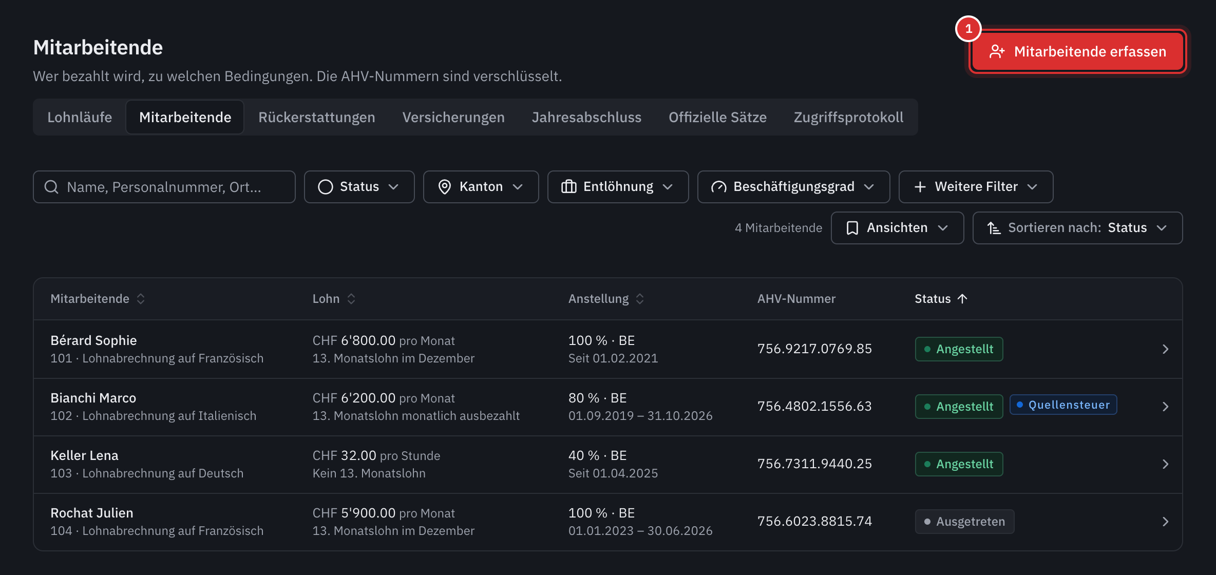 Die Liste der Mitarbeitenden: Lohn, Anstellung, vollständige AHV-Nummer und Status, mit der Schaltfläche Person erfassen.