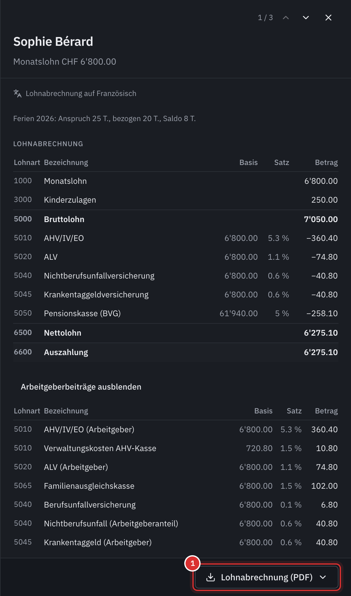 Die Lohnabrechnung einer Mitarbeiterin im Lohnlauf: die Lohnzeilen, die Abzüge, der Nettolohn und die Arbeitgeberbeiträge.