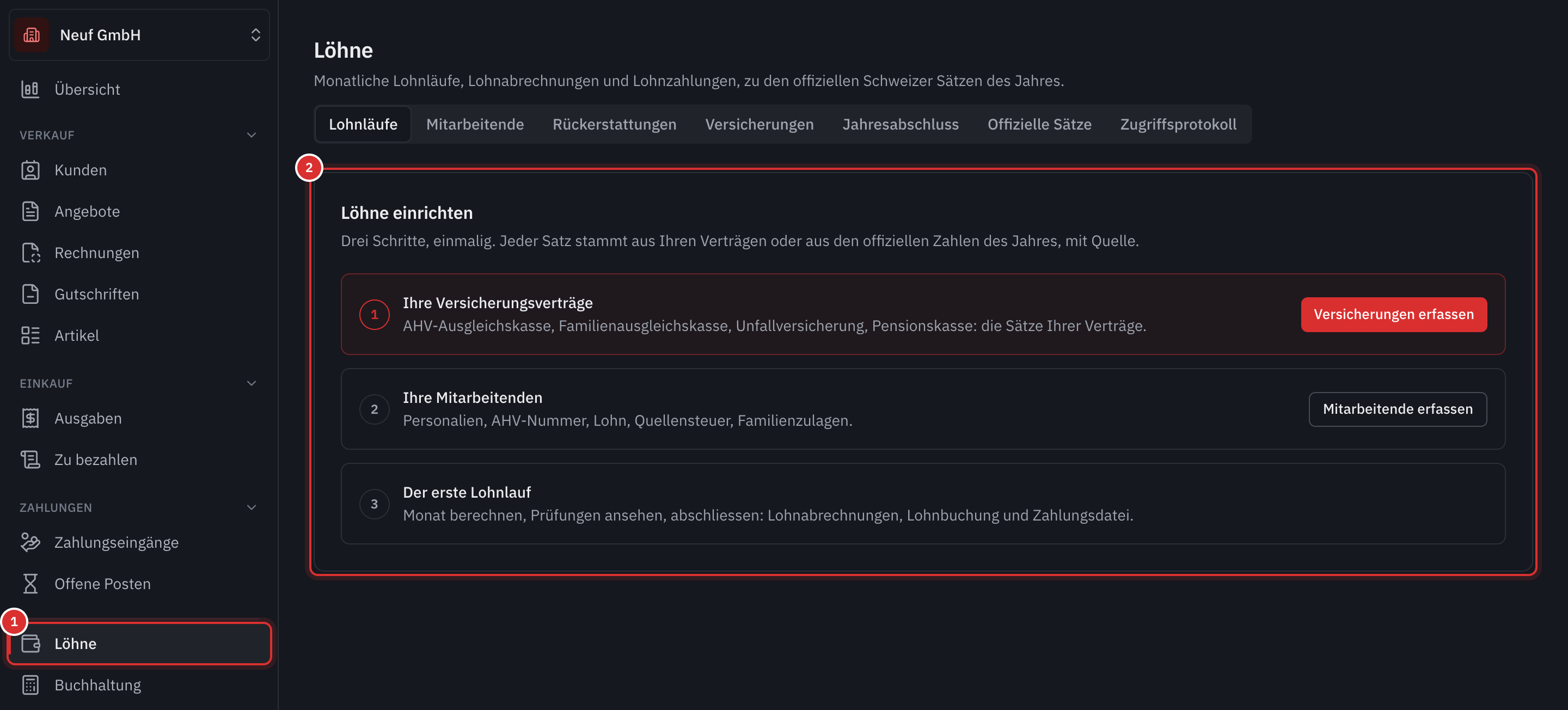 Die Seite Löhne eines Unternehmens, das das Modul eben aktiviert hat: das Menü Löhne und die drei Einrichtungsschritte.