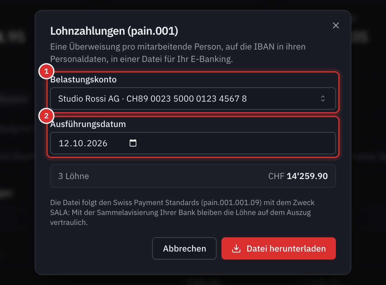 Das Fenster Lohnzahlungen: Belastungskonto, Ausführungsdatum, Anzahl Löhne und Total.