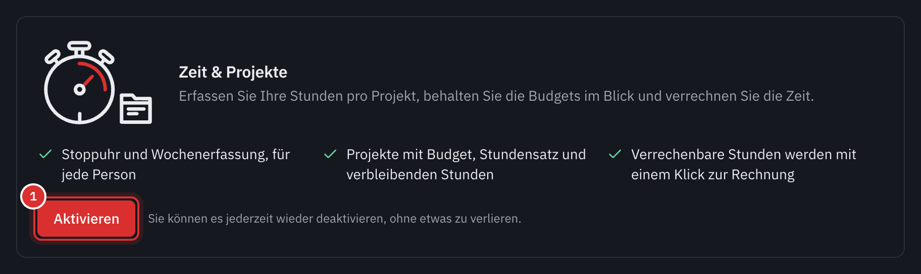 Die Karte Zeit & Projekte unter Einstellungen, Module, mit der Schaltfläche Aktivieren.