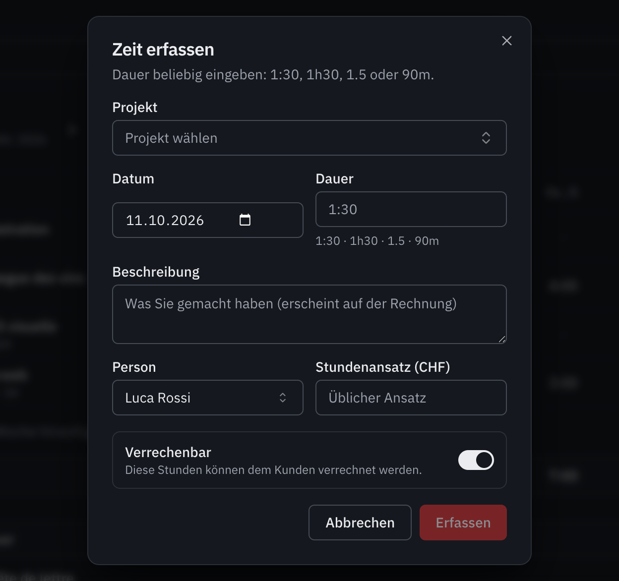 Das Fenster Zeit erfassen: Projekt, Datum, Dauer, Beschreibung, Person, Stundenansatz und Verrechenbar.
