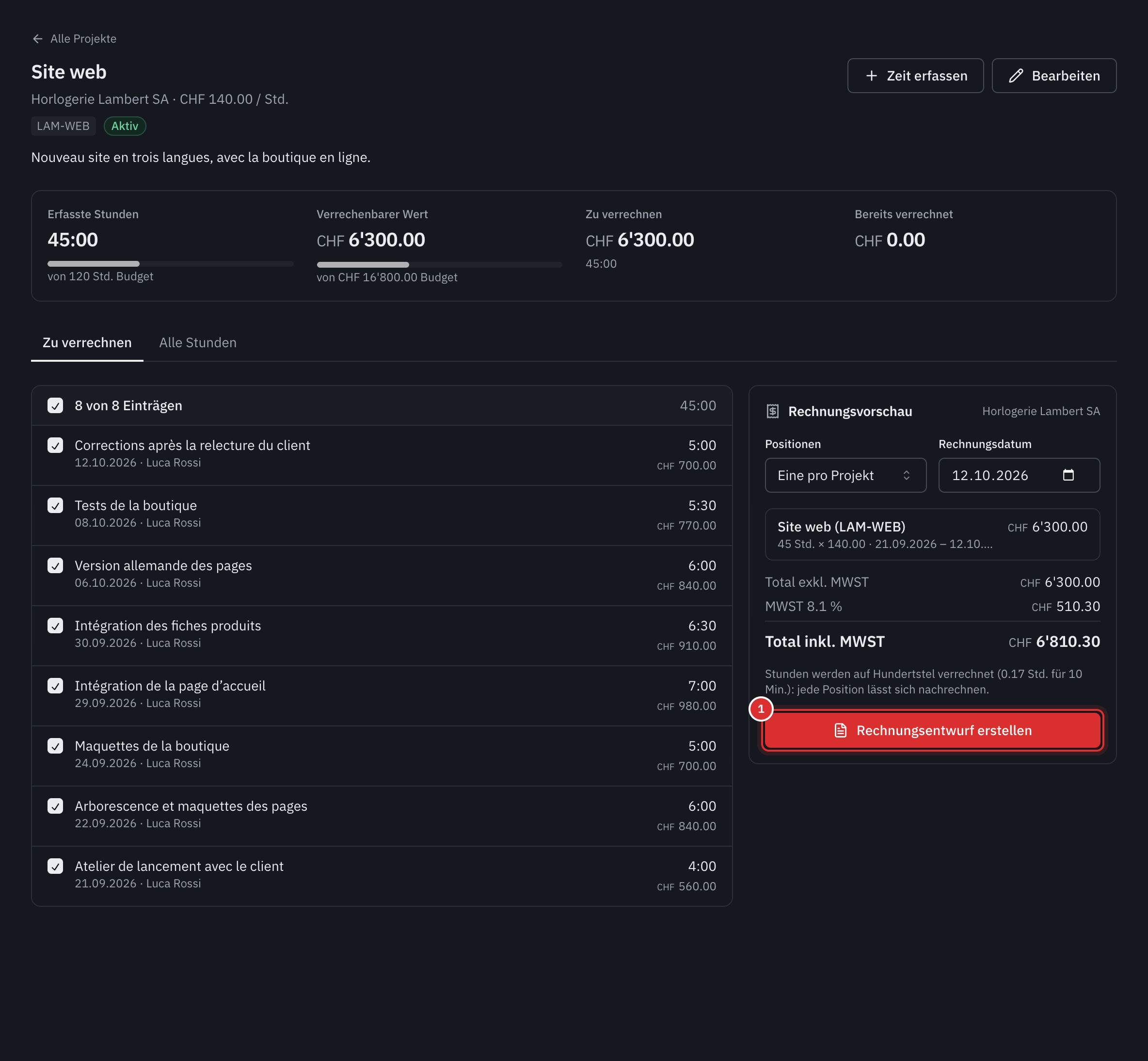 Der Tab Zu verrechnen eines Projekts: links die angekreuzten Stunden, rechts die Rechnungsvorschau mit dem Total inkl. MWST und der Schaltfläche Rechnungsentwurf erstellen.