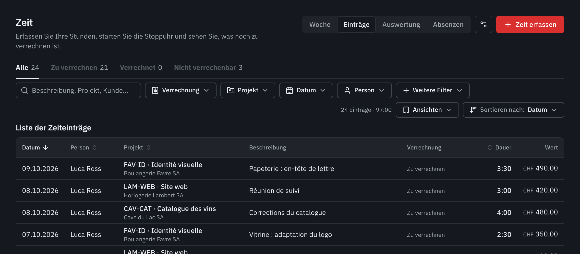 Der Tab Einträge: die Tabs Alle, Zu verrechnen, Verrechnet und Nicht verrechenbar, die Filter und die Liste der Einträge mit ihrem Wert.