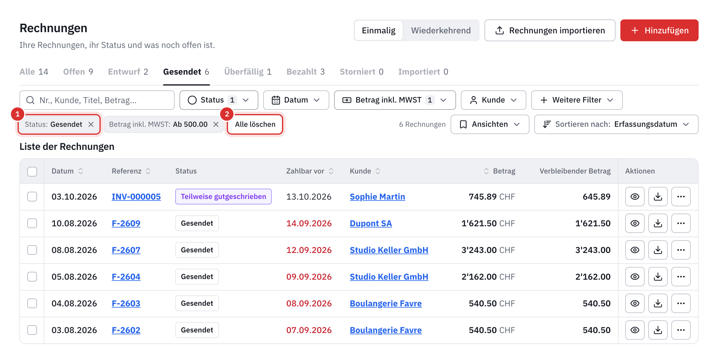 Zwei aktive Filter, Status Gesendet und Betrag inkl. MWST ab 500, mit Alle löschen und der auf fünf Rechnungen reduzierten Liste.