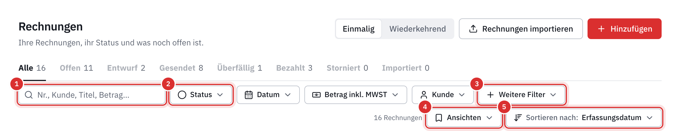 Die Werkzeugleiste der Rechnungsliste: die Suche, die Filter Status, Datum, Betrag inkl. MWST und Kunde, Weitere Filter, Ansichten und Sortieren nach.
