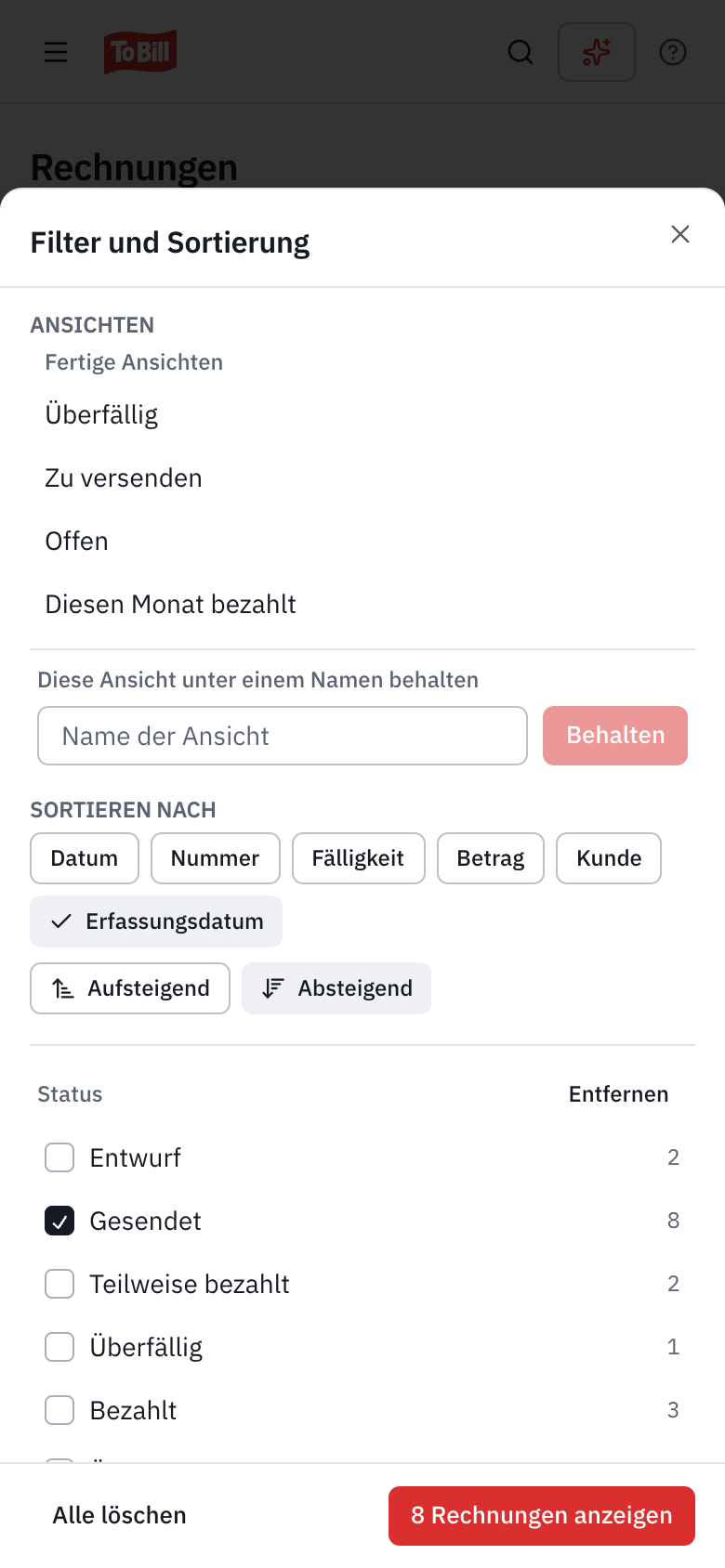 Das Feld Filter und Sortierung auf einem Smartphone: die Ansichten, die Sortierung und der Filter Status, mit der Schaltfläche 7 Rechnungen anzeigen.