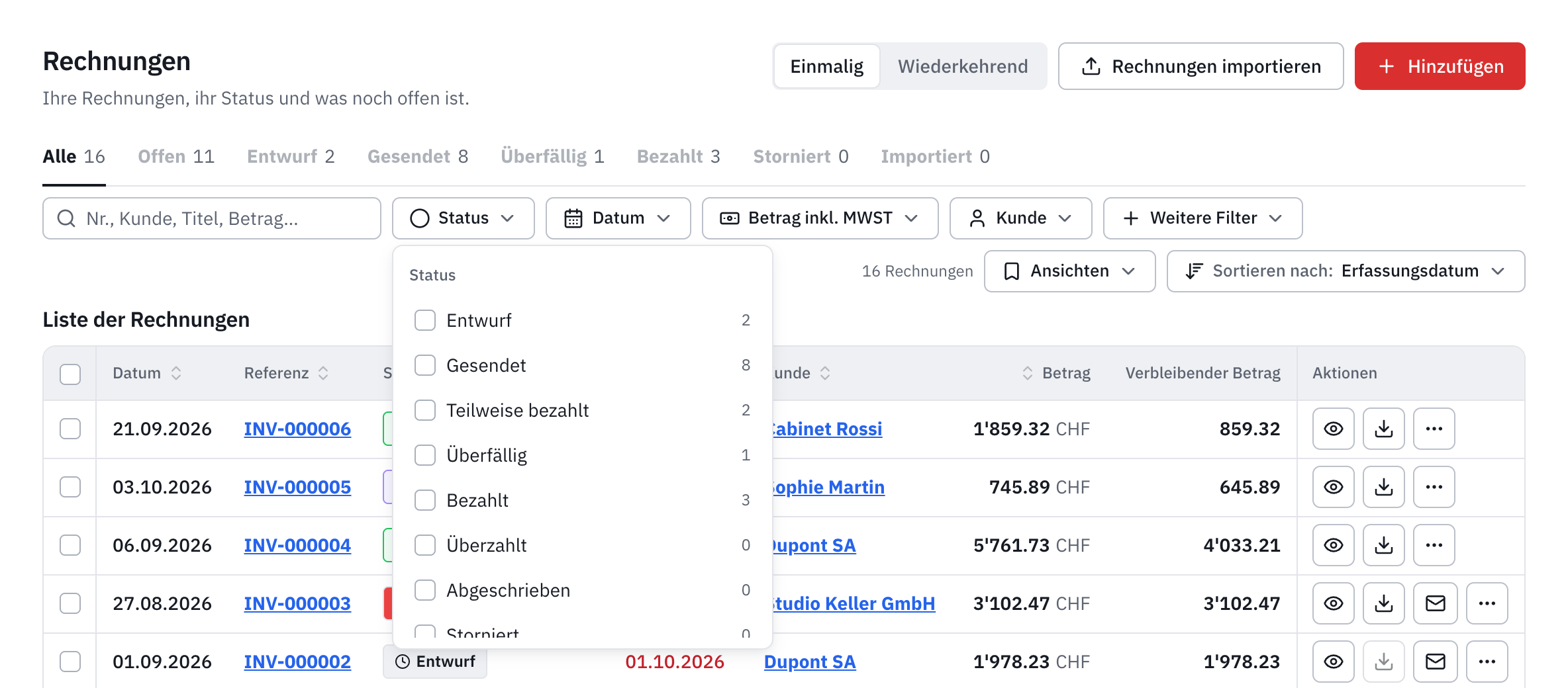 Der geöffnete Filter Status: Entwurf, Gesendet, Teilweise bezahlt, Überfällig, Bezahlt, mit ihrer Anzahl.