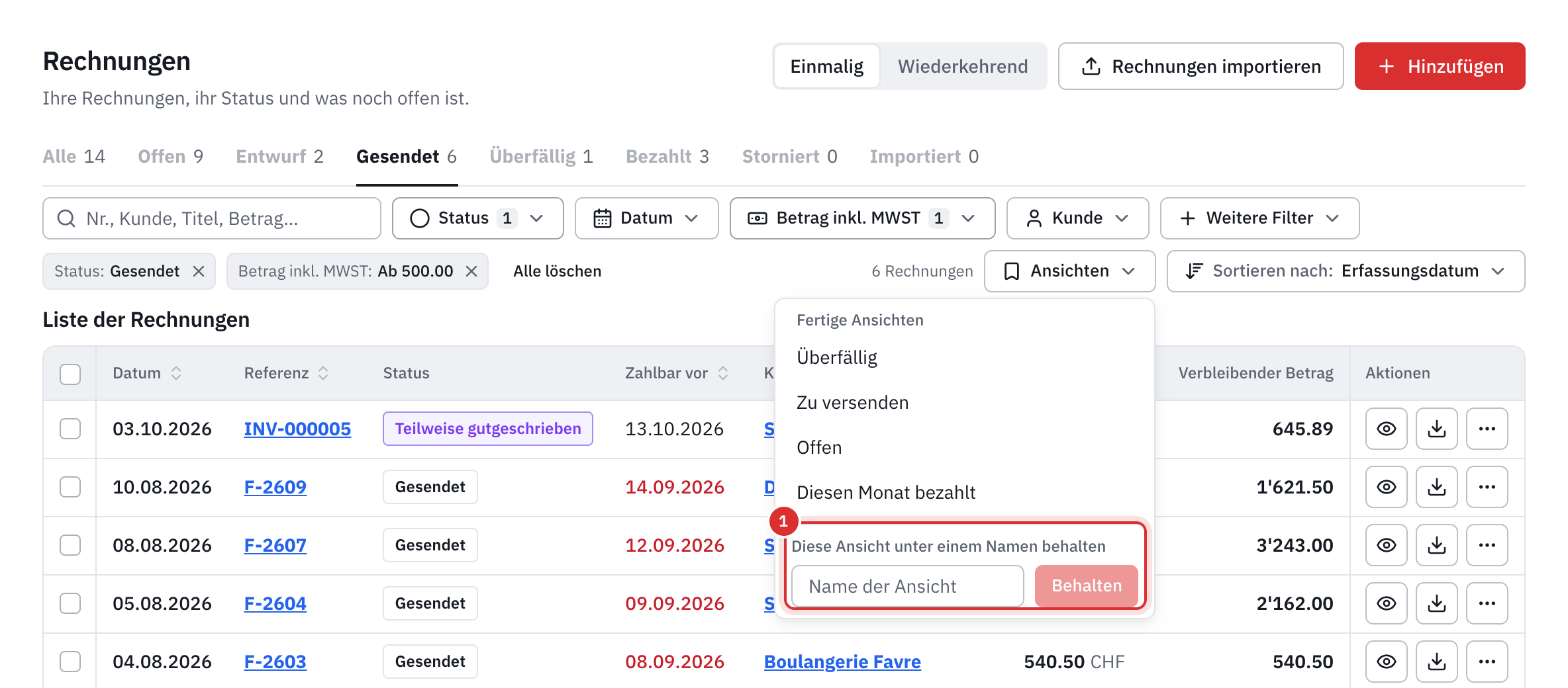 Das Menü Ansichten: die fertigen Ansichten und das Feld Name der Ansicht mit der Schaltfläche Behalten.