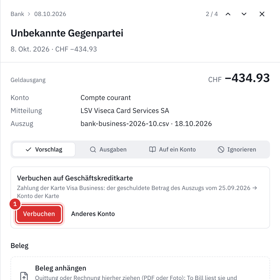 Das Feld einer Bankzeile über 434.93, LSV Viseca Card Services SA: der Vorschlag Buchen auf Geschäftskreditkarte, Zahlung der Karte Visa Business, der geschuldete Betrag des Auszugs vom 25.09.2026 und die Schaltfläche Buchen.