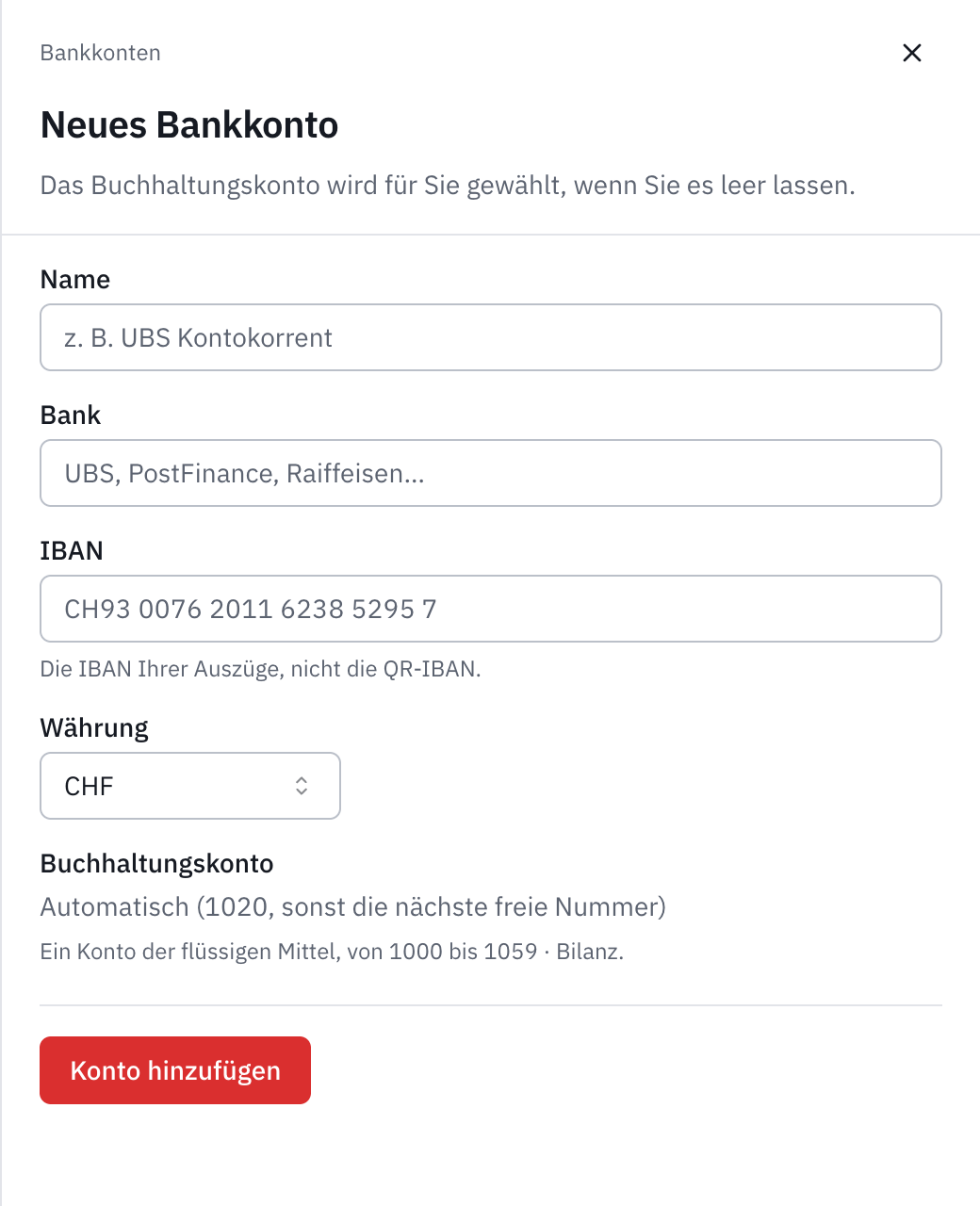 Das Formular Neues Bankkonto: Name, Bank, IBAN, Währung, das automatische Buchhaltungskonto und die Schaltfläche Konto hinzufügen.