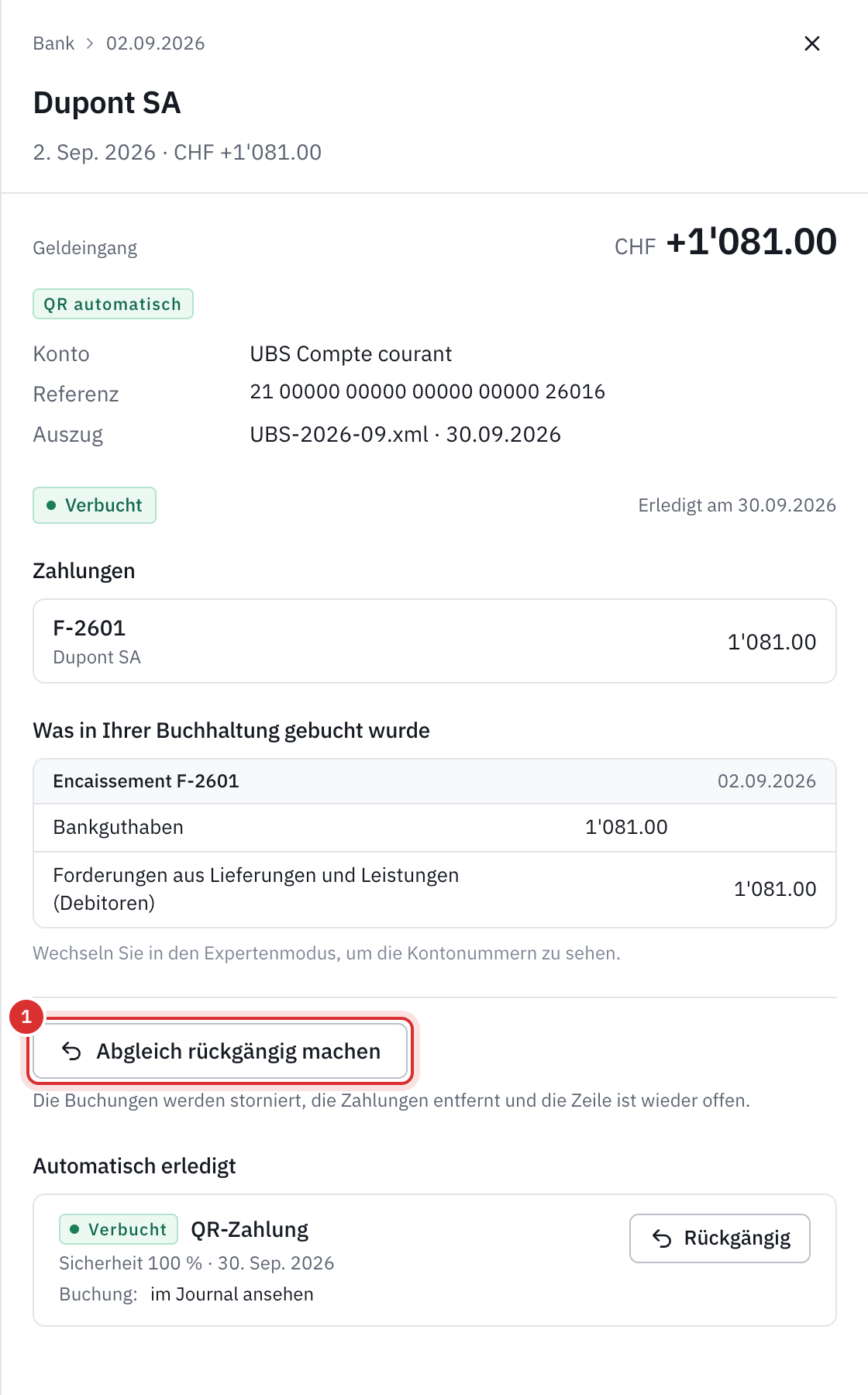 Eine über ihre QR-Referenz automatisch abgeglichene Zeile: die Zahlung der Rechnung F-2601, die Buchung Bank an Debitoren und die Schaltfläche Abgleich rückgängig machen.