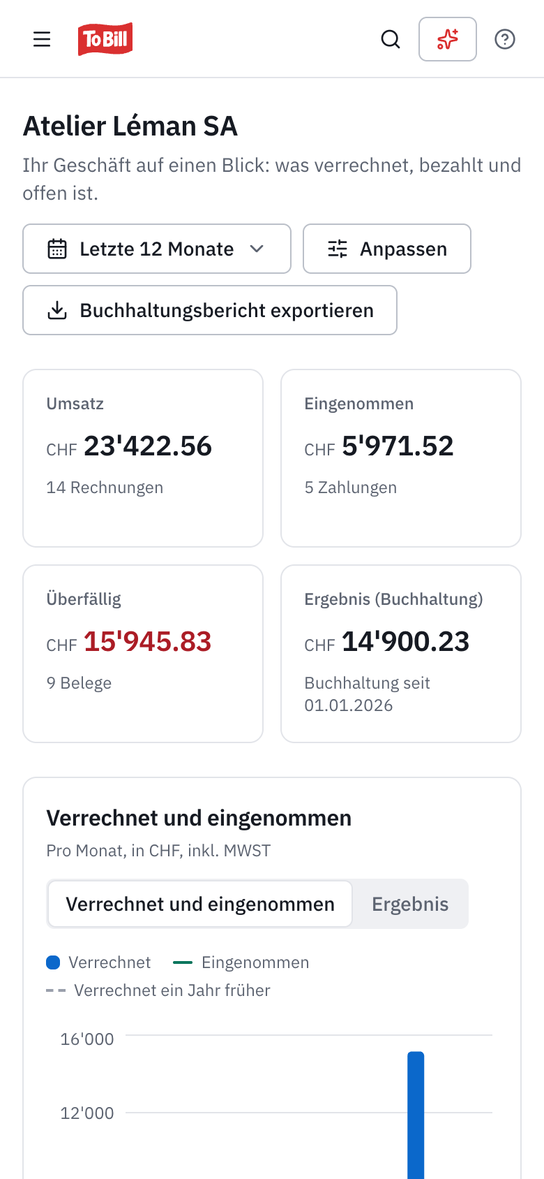 Die Übersicht von To Bill auf einem Smartphone.