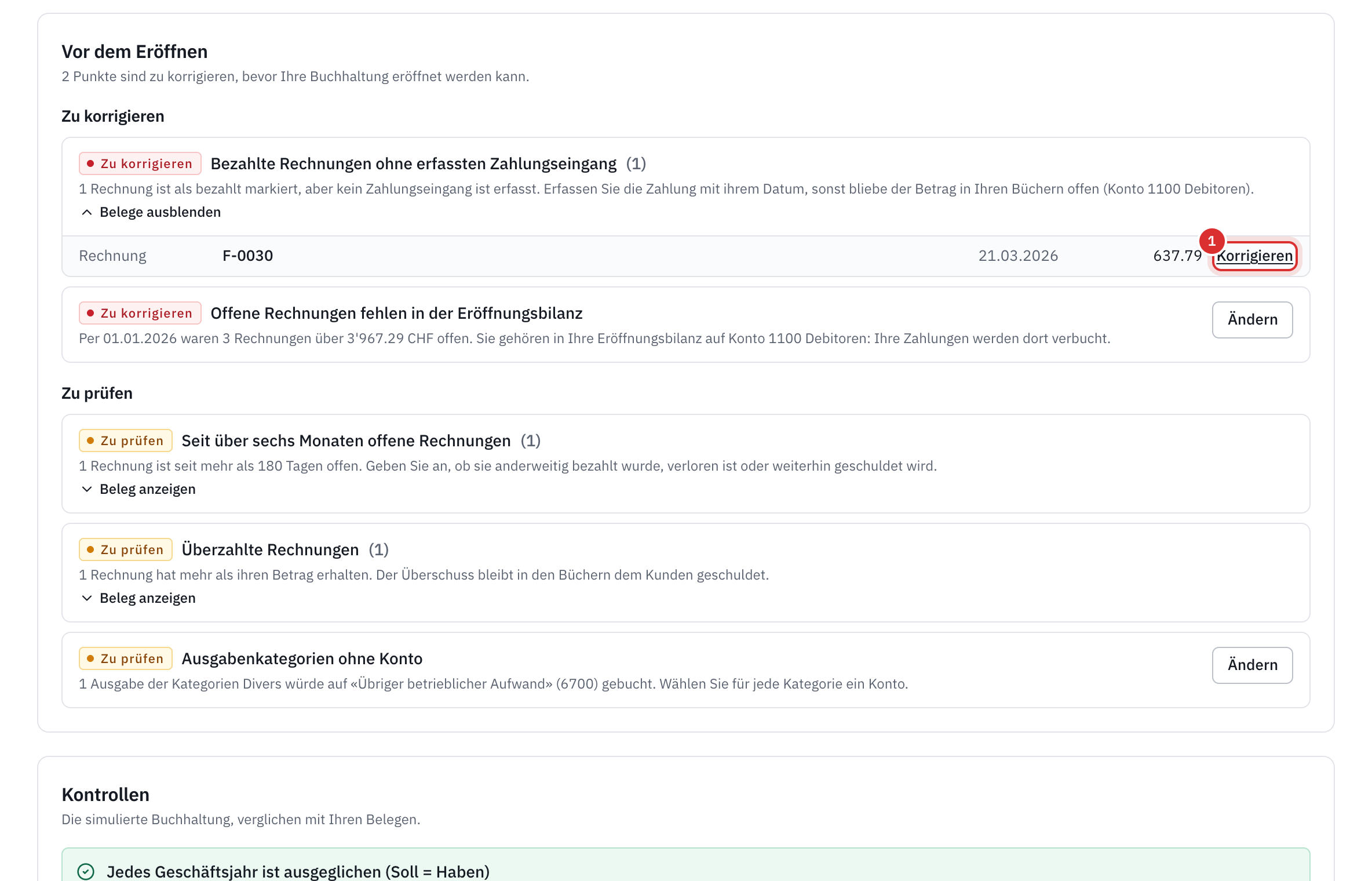 Die Vorschau: zwei Punkte zu korrigieren, darunter eine bezahlte Rechnung ohne Zahlungseingang, mit dem Link Korrigieren.