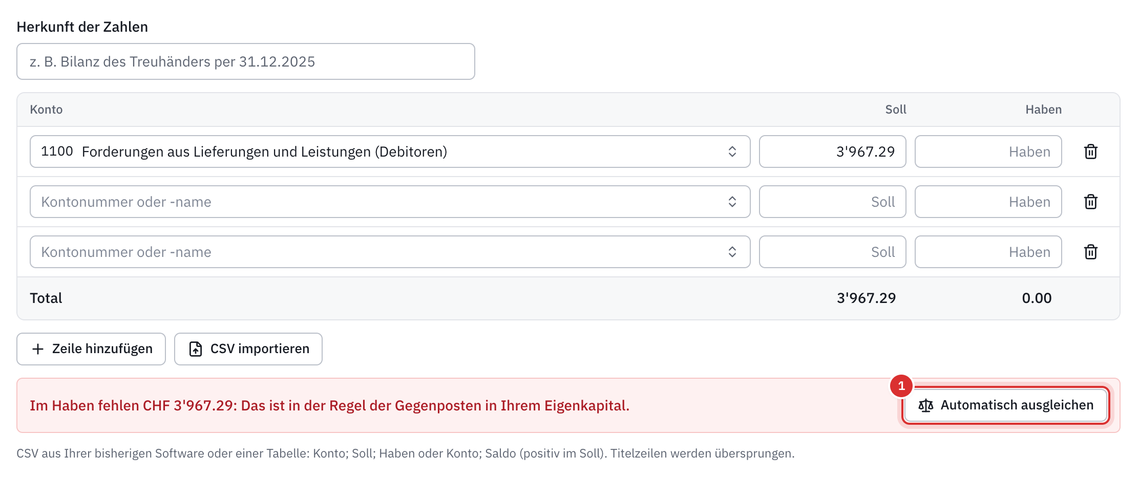 Die Eröffnungsbilanz mit nur der Zeile der offenen Rechnungen: die Meldung mit dem fehlenden Betrag im Haben und die Schaltfläche Automatisch ausgleichen.