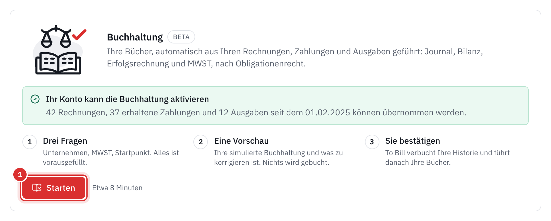 Die Karte Buchhaltung unter Einstellungen, Module, mit der Schaltfläche Starten.