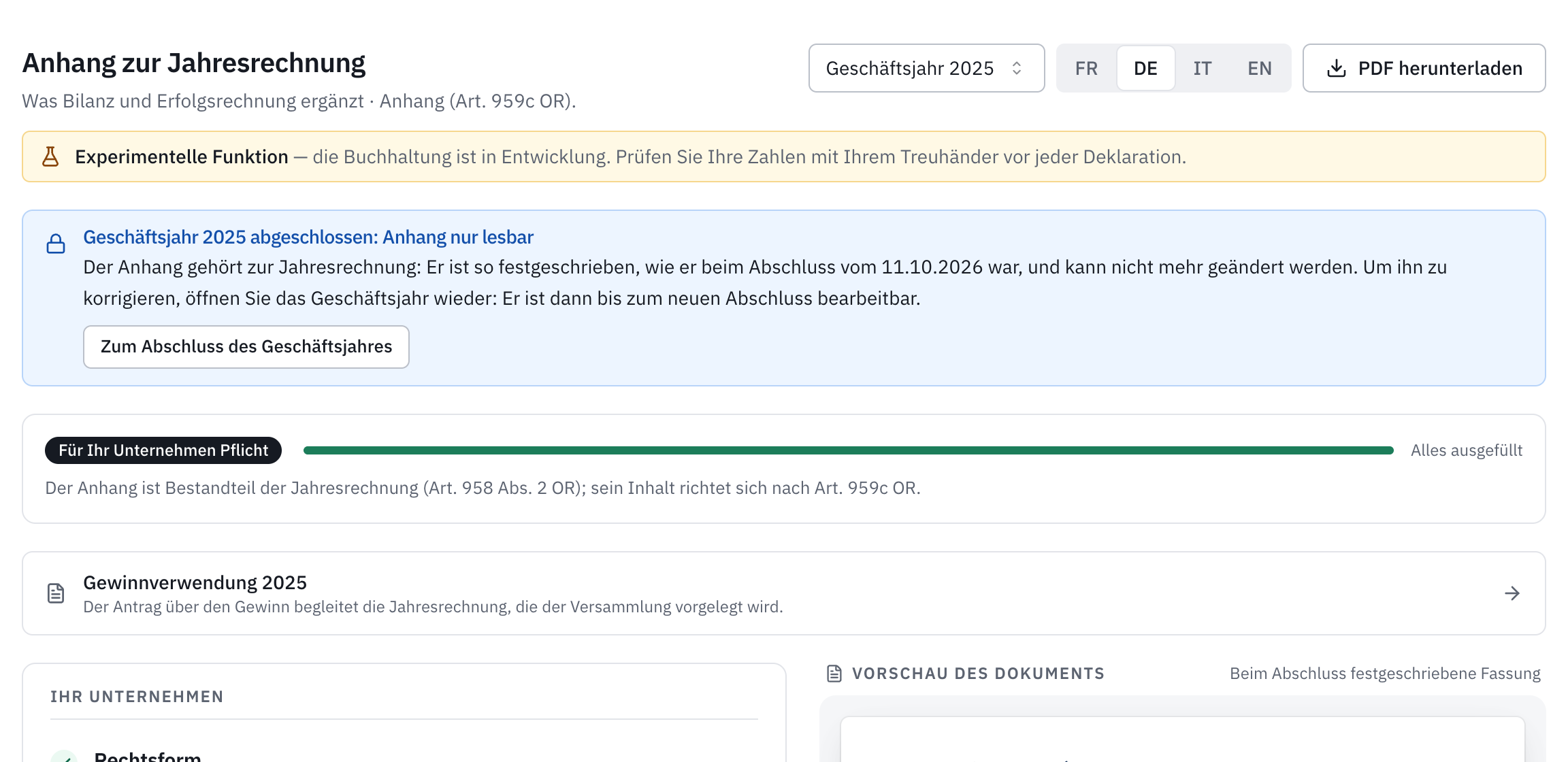 Der Anhang 2025 nach dem Abschluss: die Meldung Geschäftsjahr 2025 abgeschlossen: Anhang nur lesbar, mit dem Link Zum Abschluss des Geschäftsjahres.