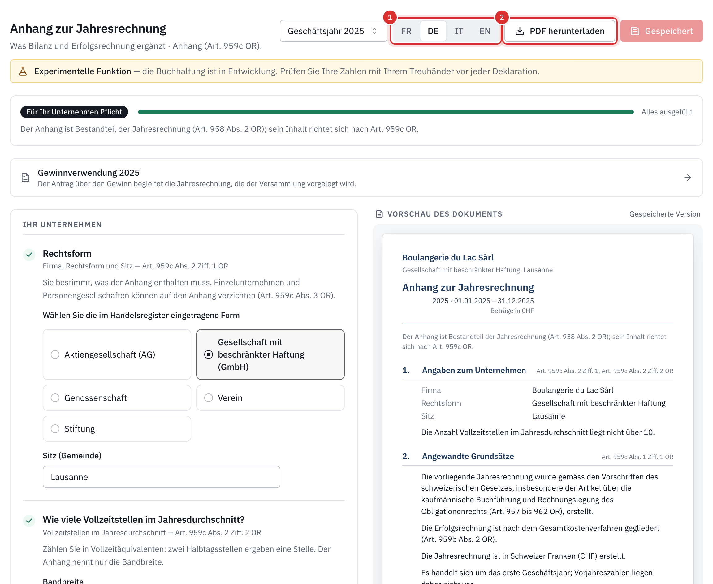 Der Anhang 2025: die Sprache des Dokuments, die Schaltfläche PDF herunterladen, die Leiste Alles ausgefüllt, links die Fragen zum Unternehmen und rechts die Vorschau des Dokuments.