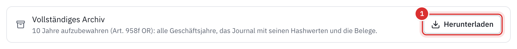 Die Zeile Vollständiges Archiv auf der Seite Exporte, zehn Jahre aufzubewahren, mit ihrer Schaltfläche Herunterladen.