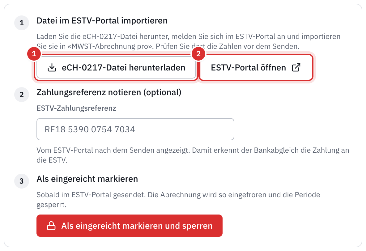 Der Schritt Datei im ESTV-Portal importieren, mit den Schaltflächen eCH-0217-Datei herunterladen und ESTV-Portal öffnen.