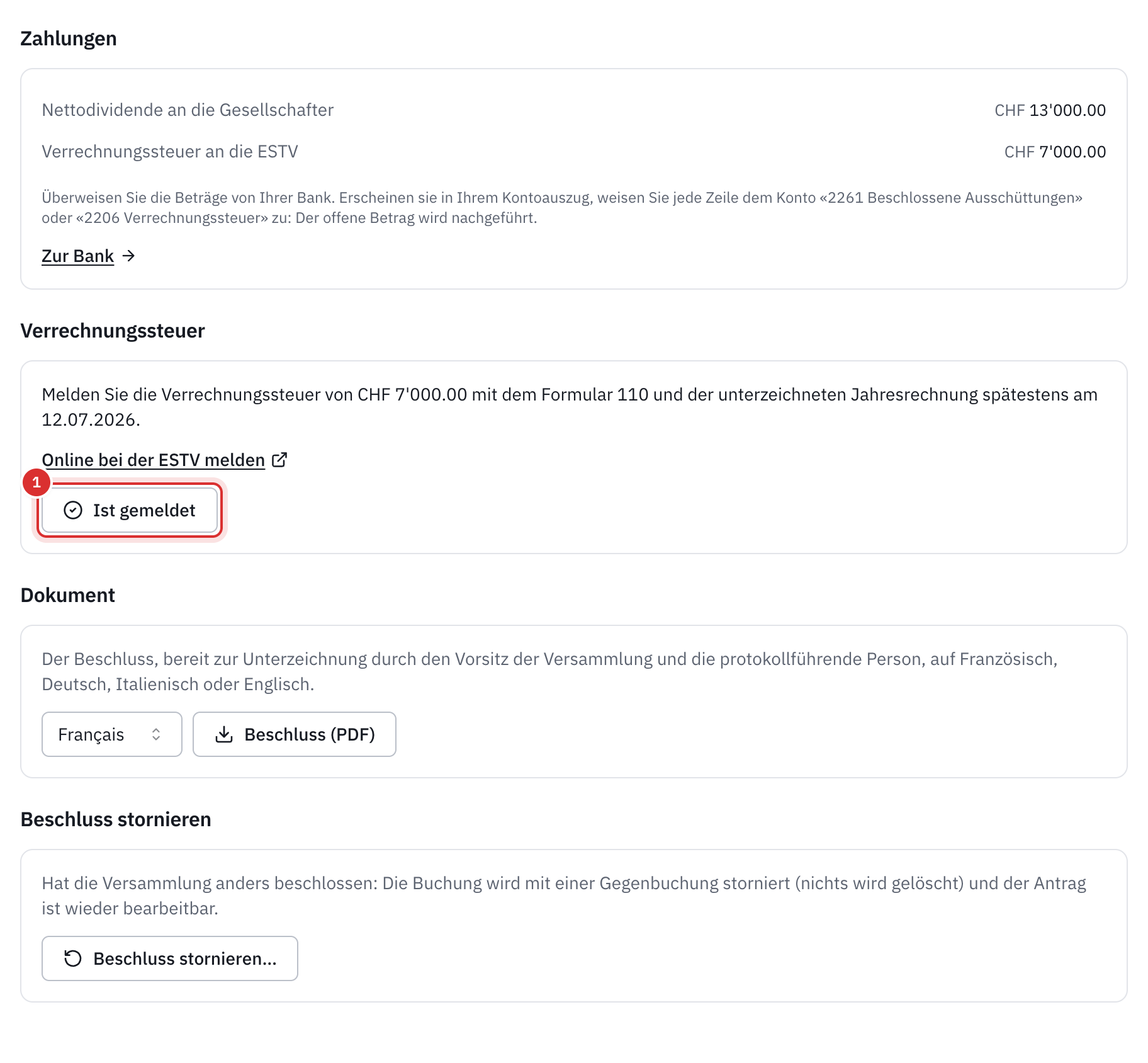 Der verbuchte Beschluss: die Nettodividende und die zu bezahlende Verrechnungssteuer, die Meldung mit Formular 110 vor dem 12.07.2026, die Schaltfläche Ist gemeldet und das PDF des Beschlusses.