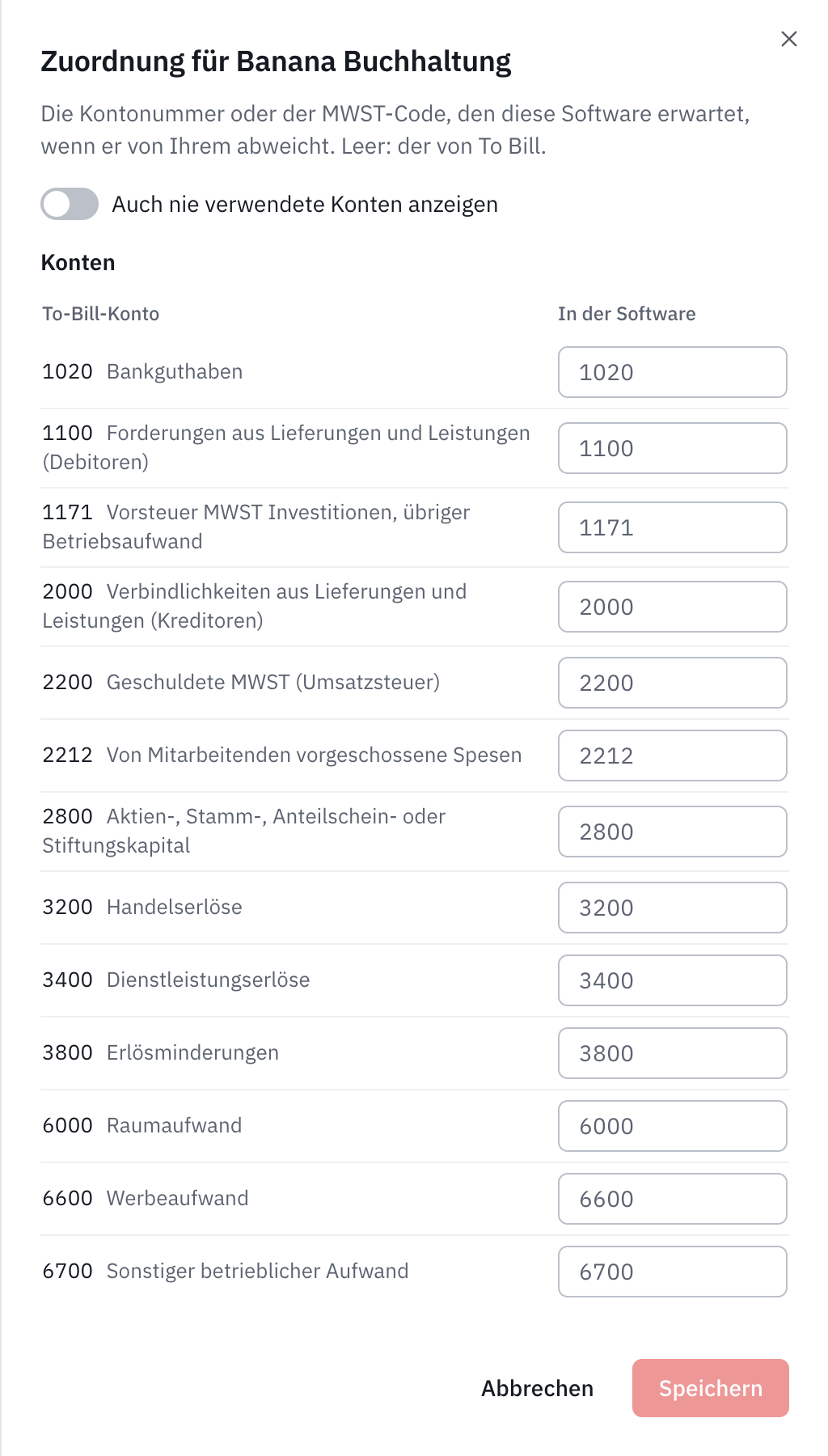 Das Fenster Zuordnung für Banana Buchhaltung: die verwendeten Konten und die MWST-Codes, mit dem von der Software erwarteten Wert.