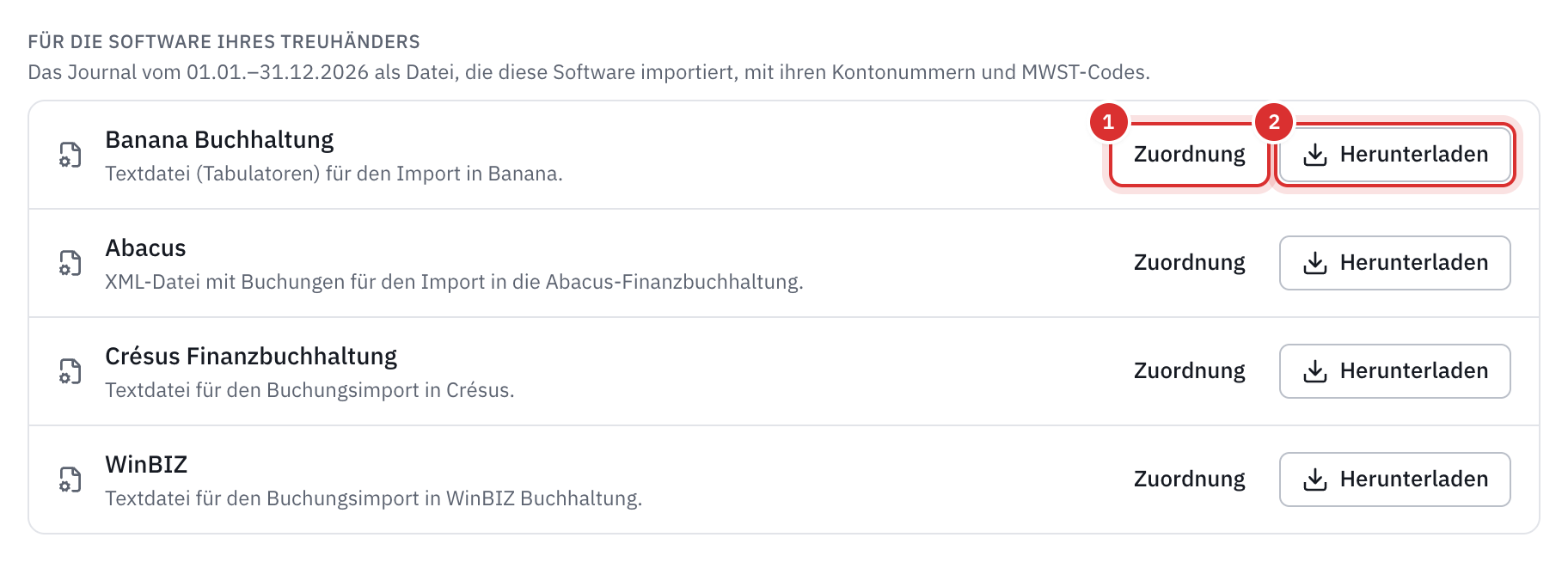 Die vier Treuhand-Programme, jedes mit seinen Schaltflächen Zuordnung und Herunterladen.