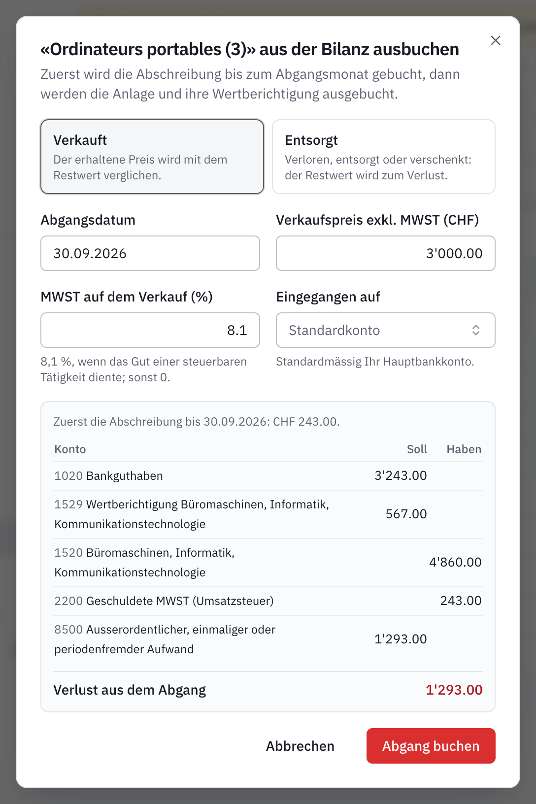 Das Fenster für den Abgang von Computern, verkauft für CHF 3'000 exkl. MWST: die Abschreibung bis zum Abgang, die vorgeschlagene Buchung und der Verlust aus dem Abgang.