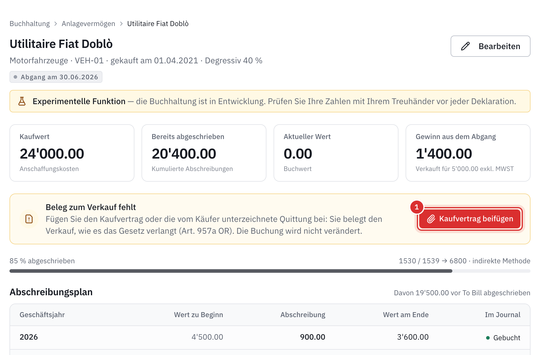 Die Detailseite eines verkauften Lieferwagens: der Gewinn aus dem Abgang und die Karte Beleg zum Verkauf fehlt mit der Schaltfläche Kaufvertrag beifügen.