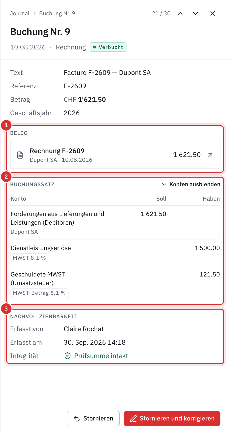 Das Fenster einer Buchung: die Rechnung, die sie belegt, ihre Zeilen im Soll und im Haben und ihre intakte Prüfsumme.