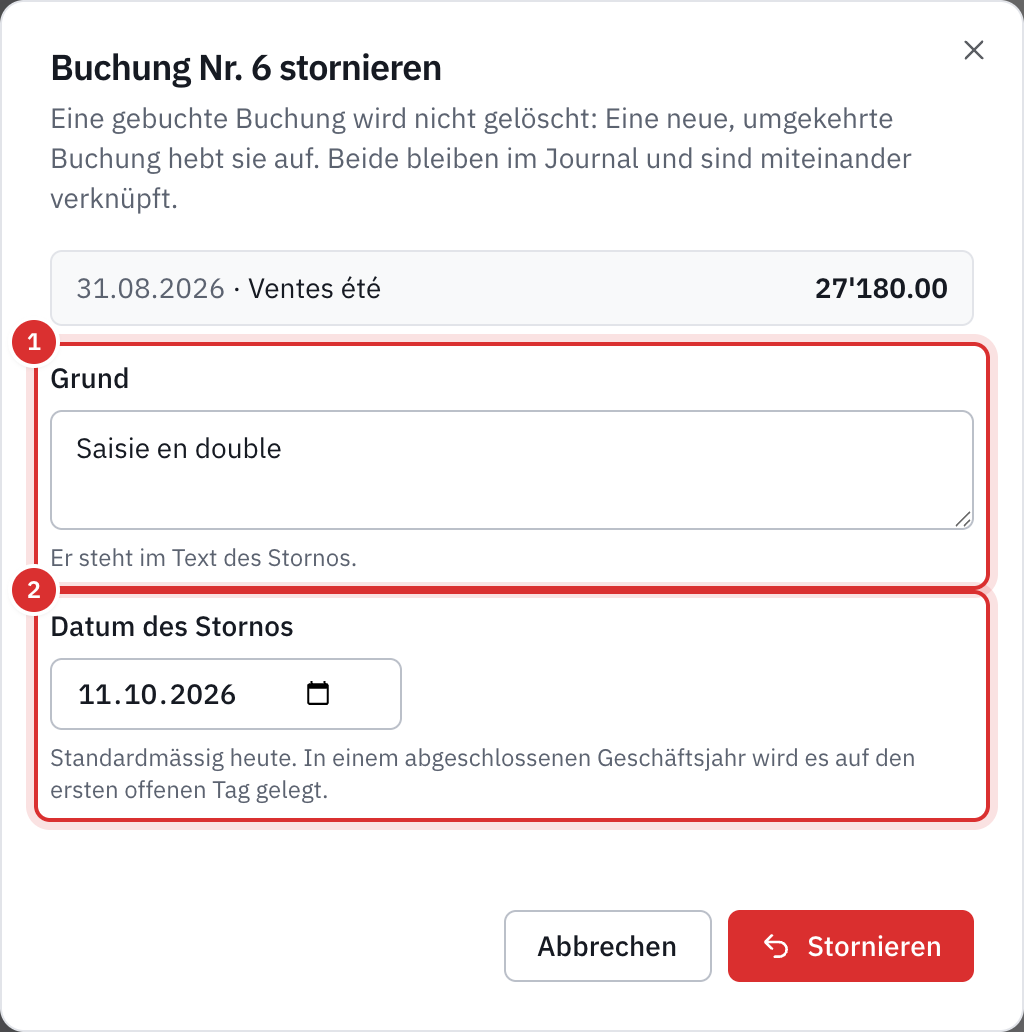 Das Fenster Buchung Nr. 6 stornieren: der Grund Saisie en double und das Datum des Stornos.