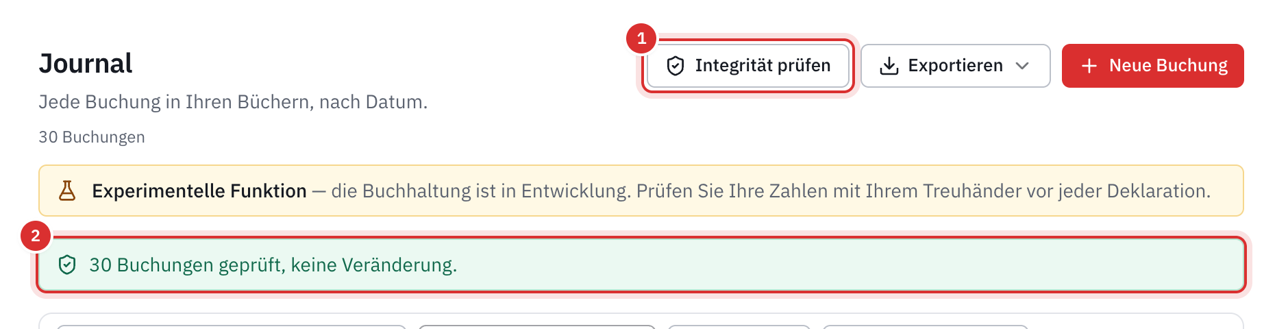 Das Ergebnis der Prüfung: alle Buchungen geprüft, keine Veränderung.