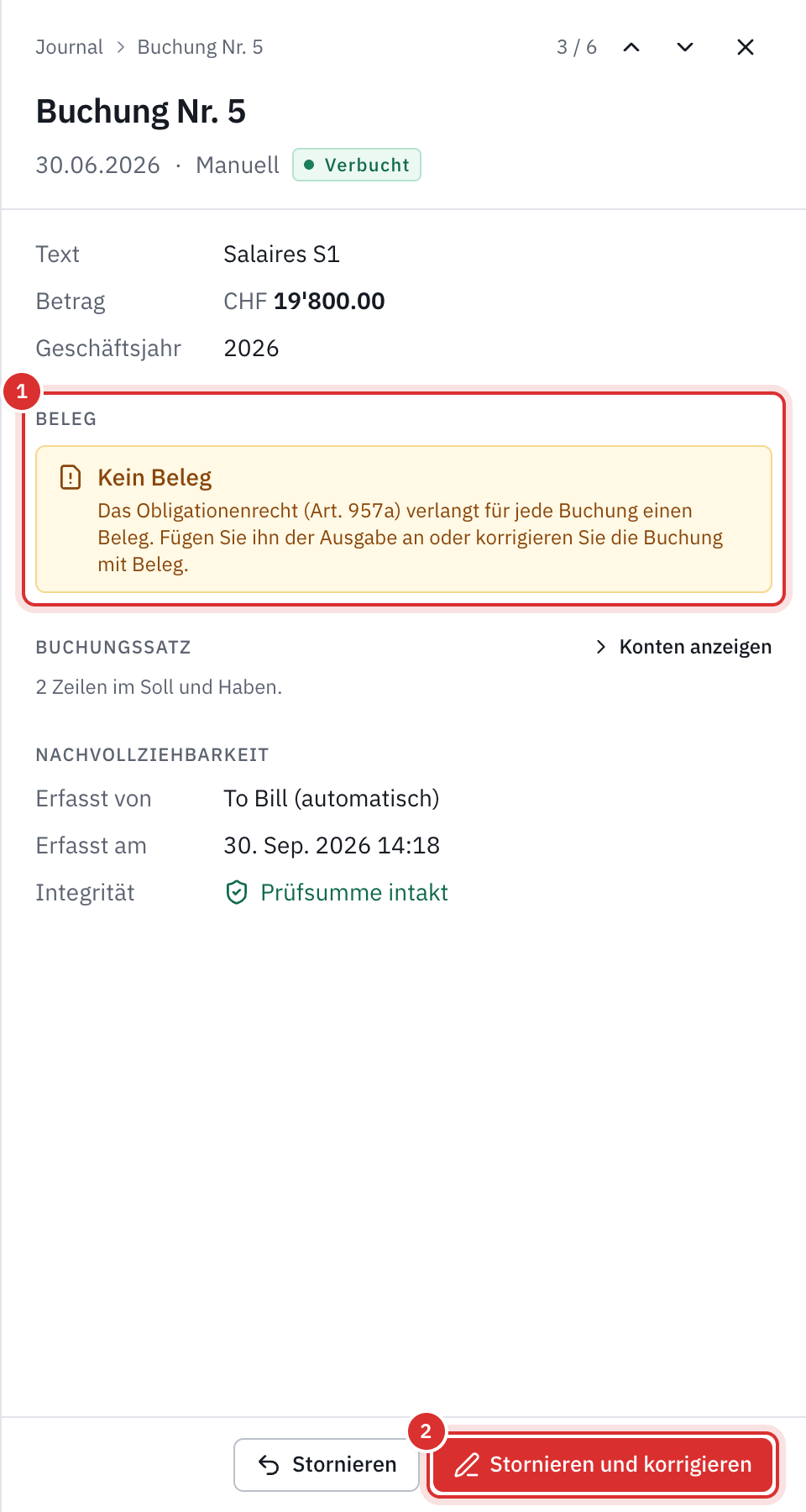 Eine manuelle Buchung ohne Beleg: Das Fenster zeigt Kein Beleg und die Schaltfläche Stornieren und korrigieren.