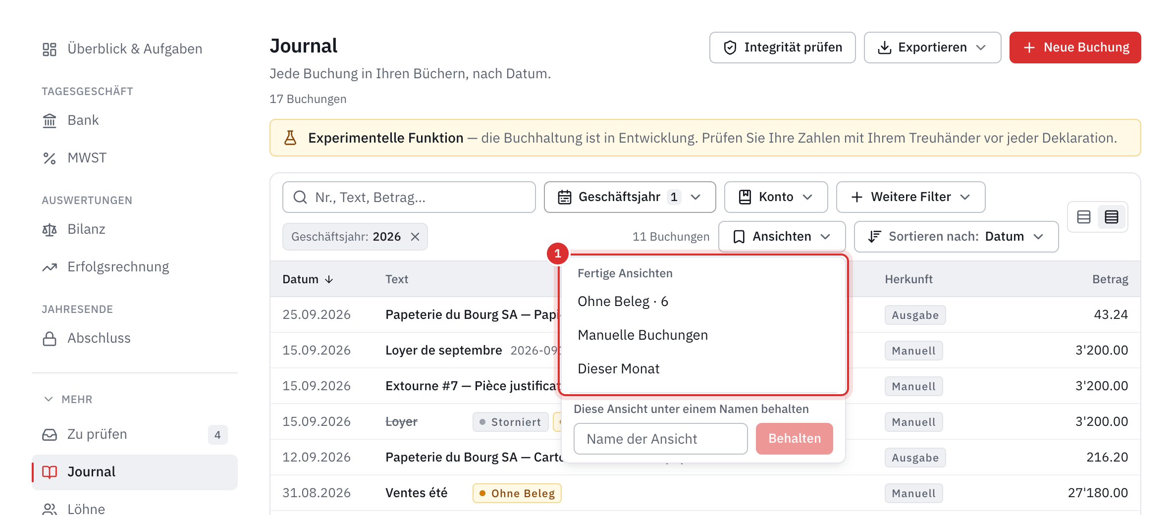 Das geöffnete Menü Ansichten des Journals: Ohne Beleg, sechs Buchungen, dann Manuelle Buchungen und Dieser Monat.
