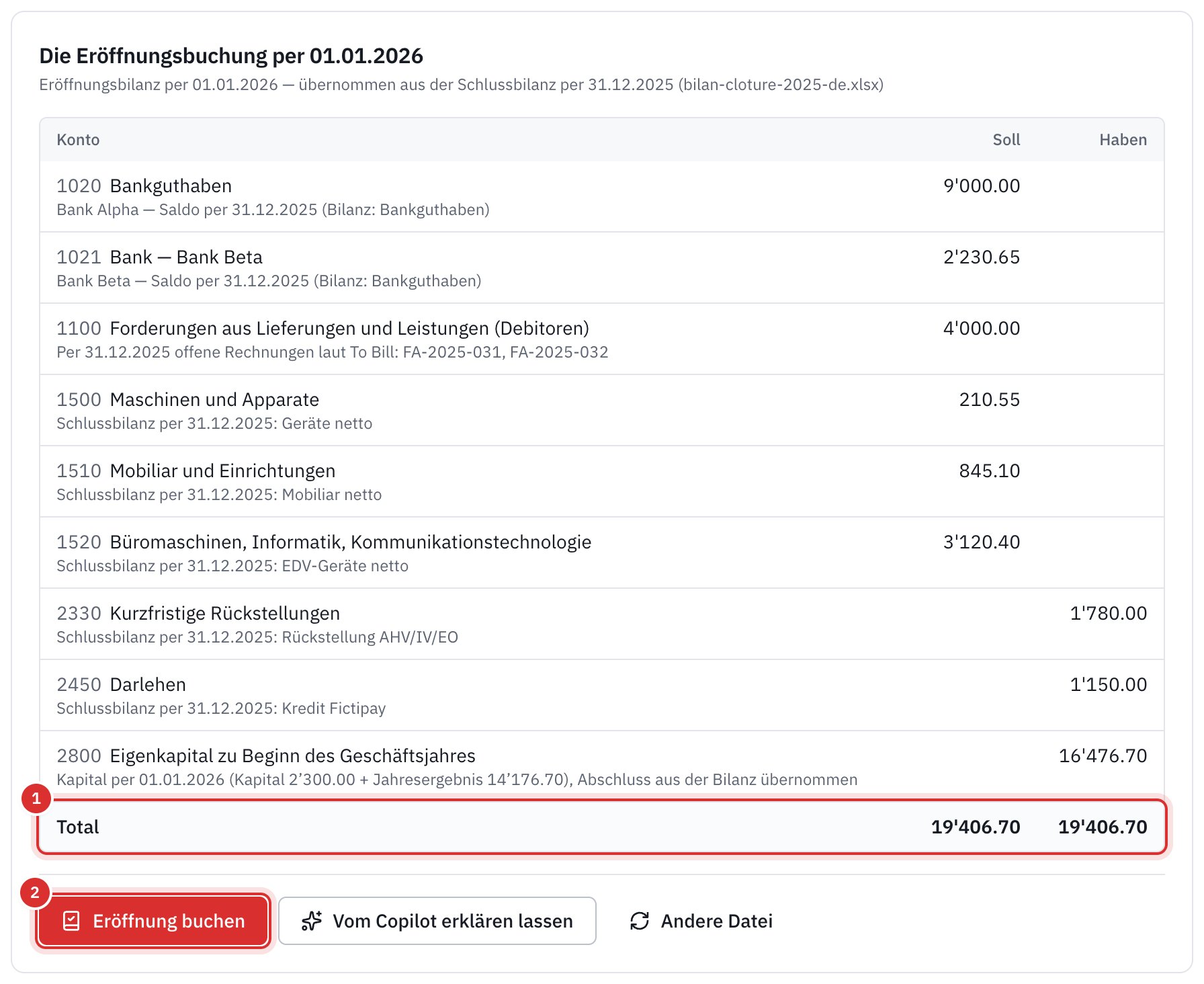 Die Eröffnungsbuchung per 01.01.2026: die Banken, die Debitoren, die Anlagen, die Rückstellung, das Darlehen und das Kapital, das ausgeglichene Total und die Schaltfläche Eröffnung buchen.
