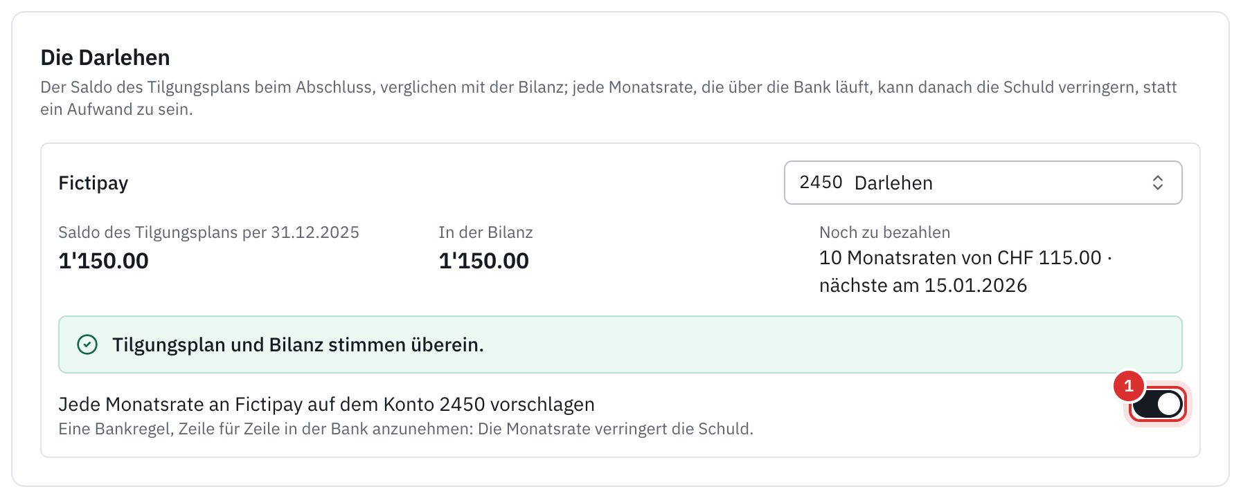 Der Abschnitt Die Darlehen: der Saldo des Tilgungsplans und der Saldo der Bilanz, die übereinstimmen, die zehn noch zu zahlenden Raten und die vorgeschlagene Bankregel.