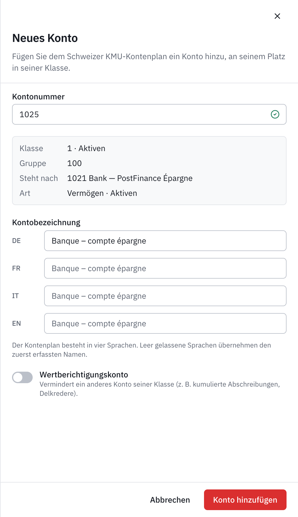 Das Fenster Neues Konto: die Nummer 1025, eingereiht nach 1020 Bank, und der Name Banque – compte épargne.
