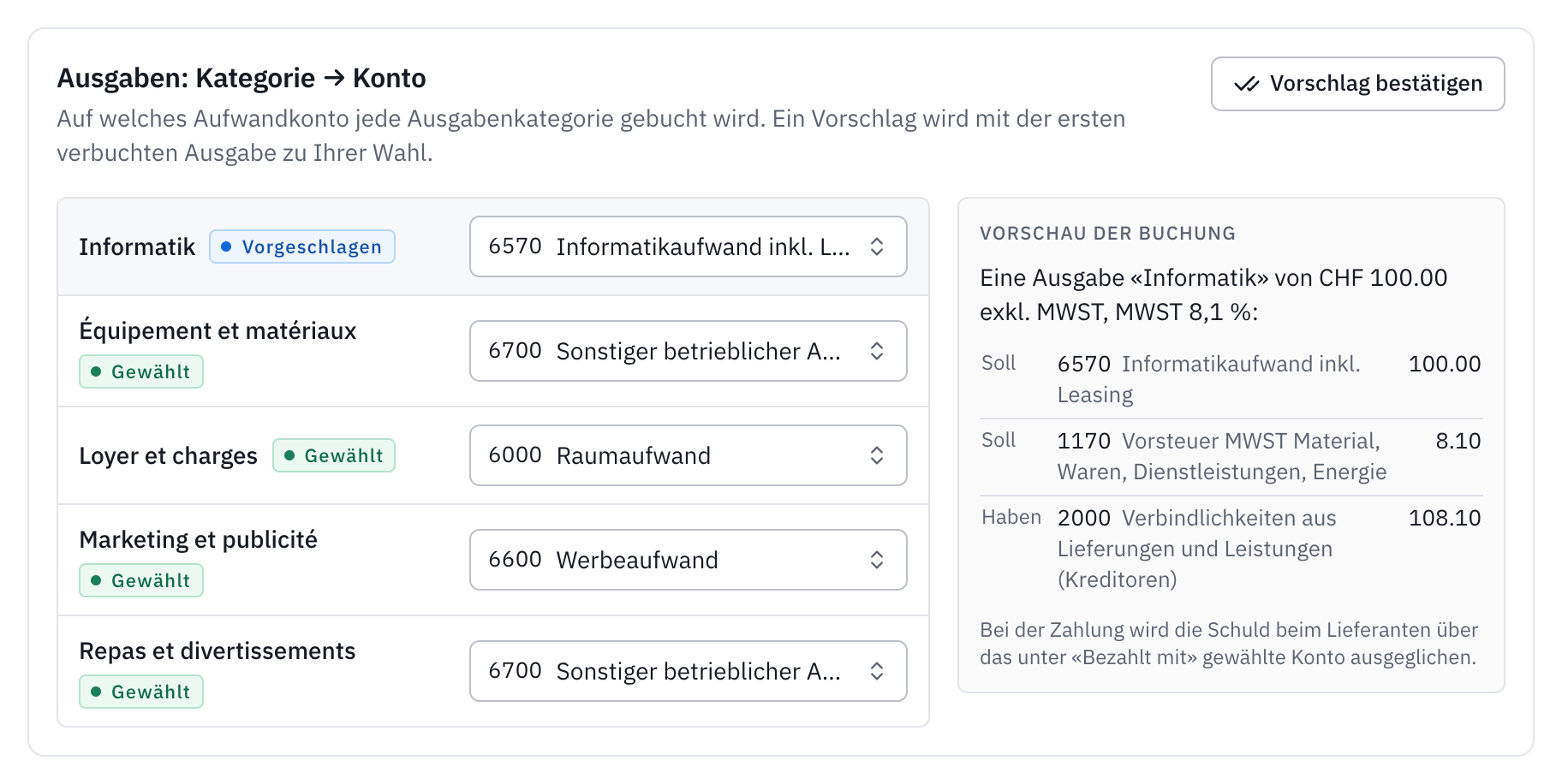 Die Karte Ausgaben: Kategorie → Konto, mit der Kategorie Informatique, vorgeschlagen auf dem Konto 6570, und der Vorschau der Buchung.