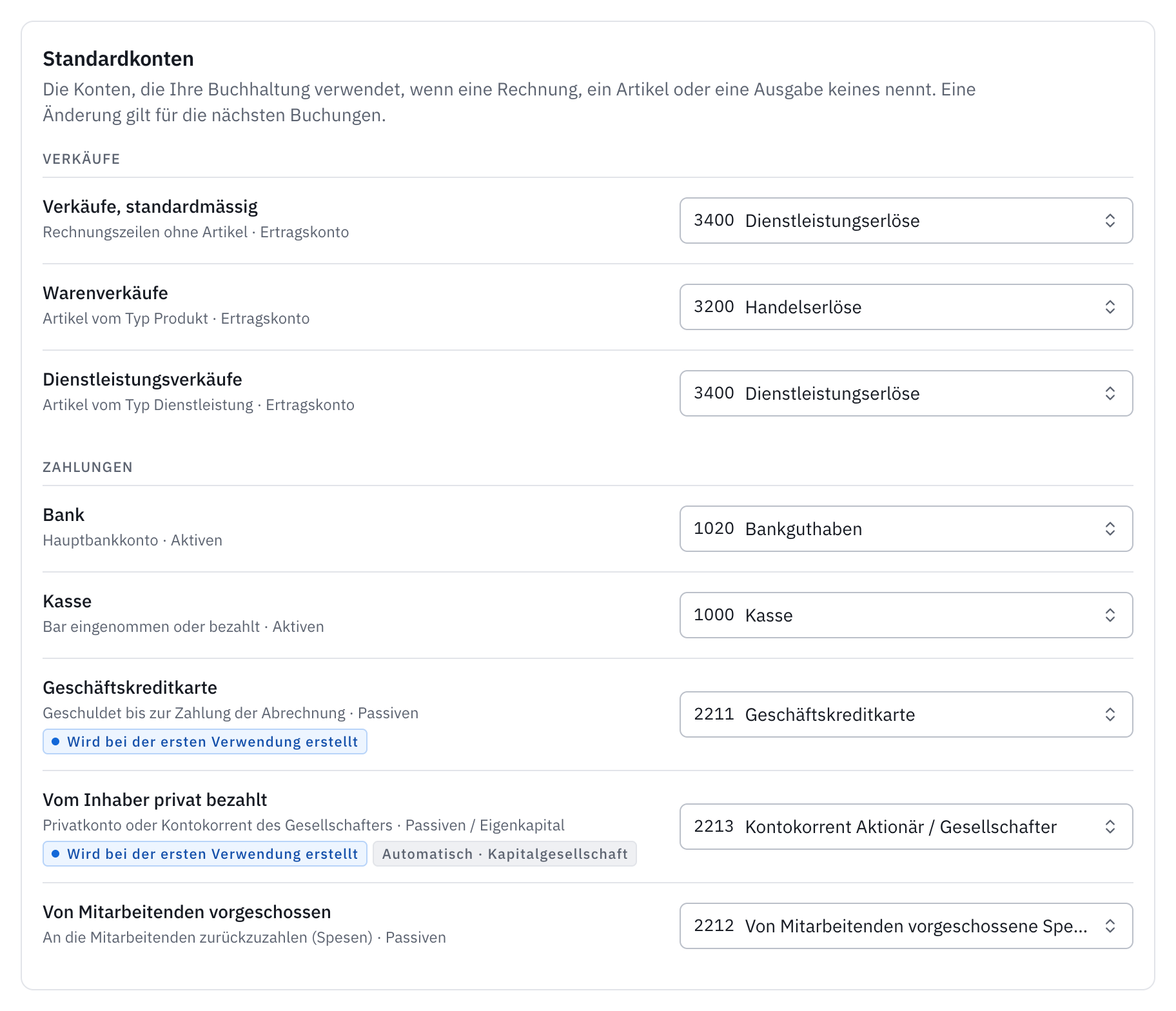Die Karte Standardkonten: die Verkaufskonten, darunter die Konten für Bank, Kasse, Kreditkarte, Inhaber und Mitarbeitende.