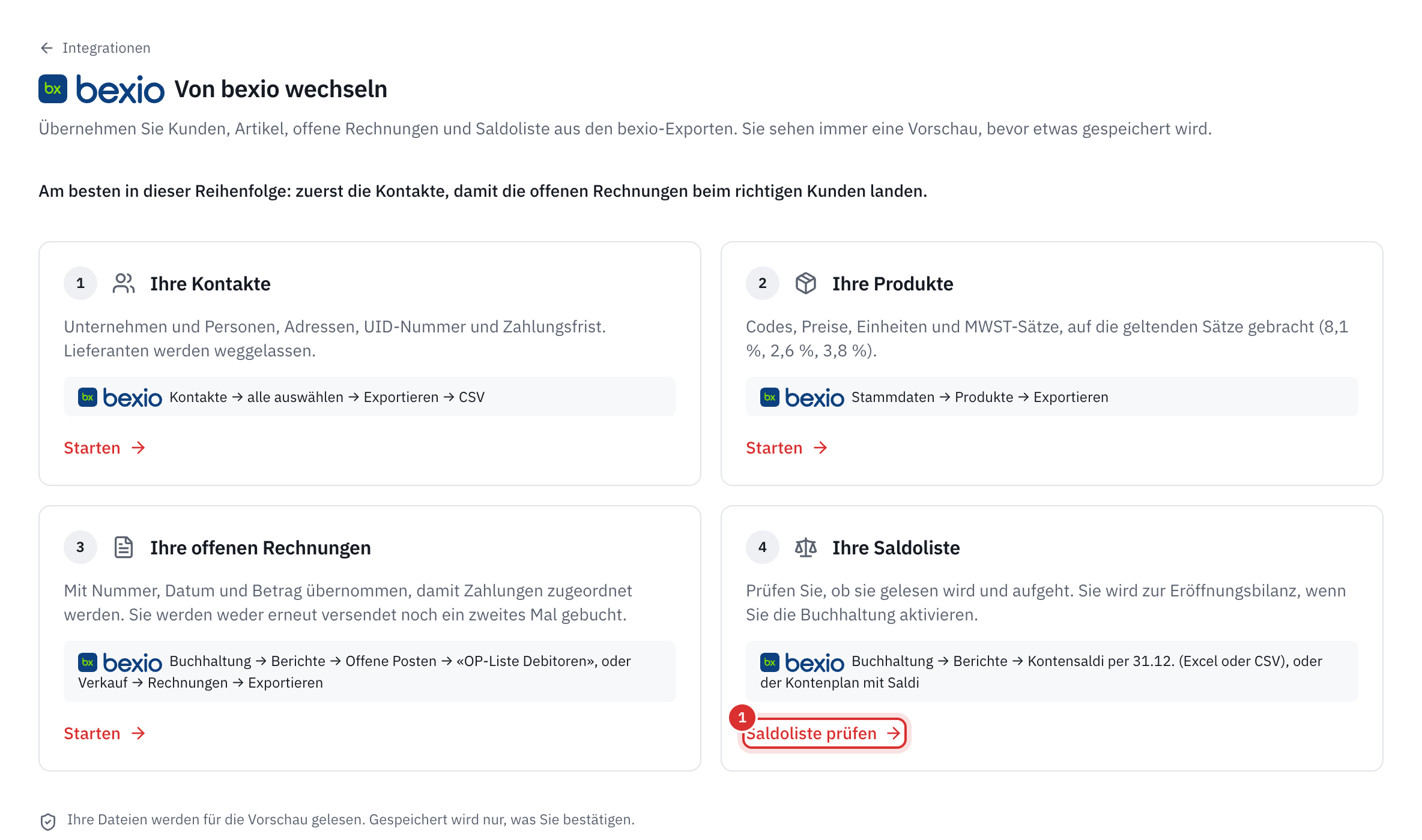 Die Seite Von bexio wechseln: Kontakte, Produkte, offene Rechnungen und Saldoliste, jeweils mit dem Weg zum Export in bexio.