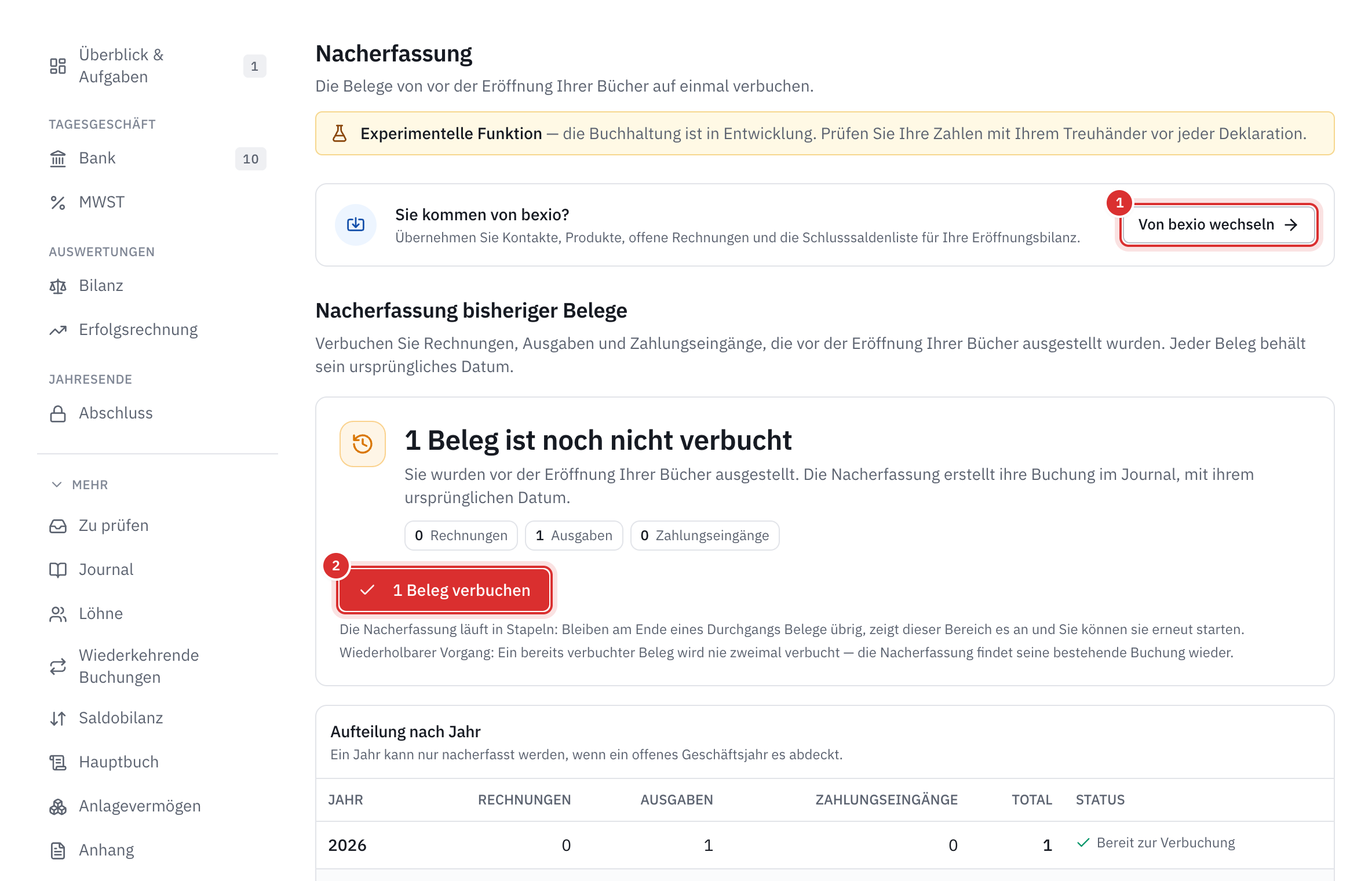Die Seite Nacherfassung bisheriger Belege: der Link Von bexio wechseln, ein noch nicht verbuchter Beleg, die Schaltfläche 1 Beleg verbuchen und die Aufteilung nach Jahr.