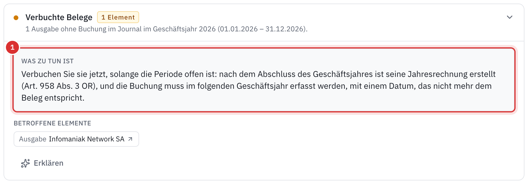 Ein zu prüfender Punkt: eine Ausgabe ohne Buchung im Journal, was zu tun ist, und die betroffene Ausgabe.